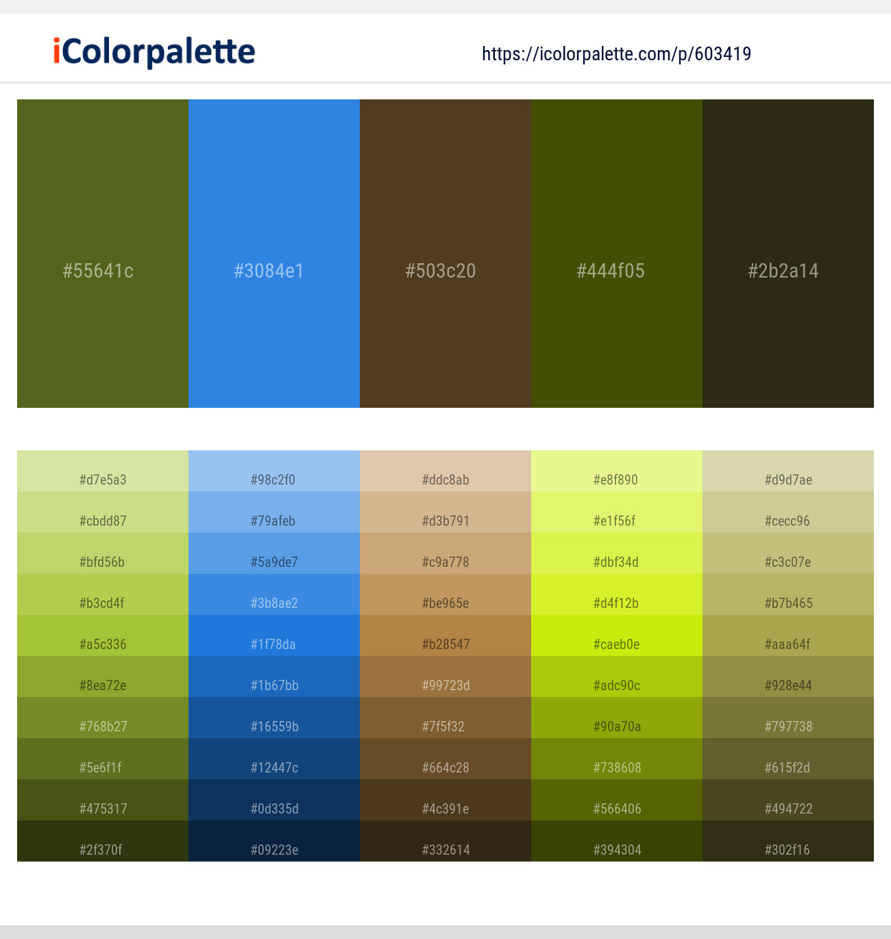 Fern Frond – Curious Blue – Metallic Bronze – Verdun Green – Woodrush Color scheme