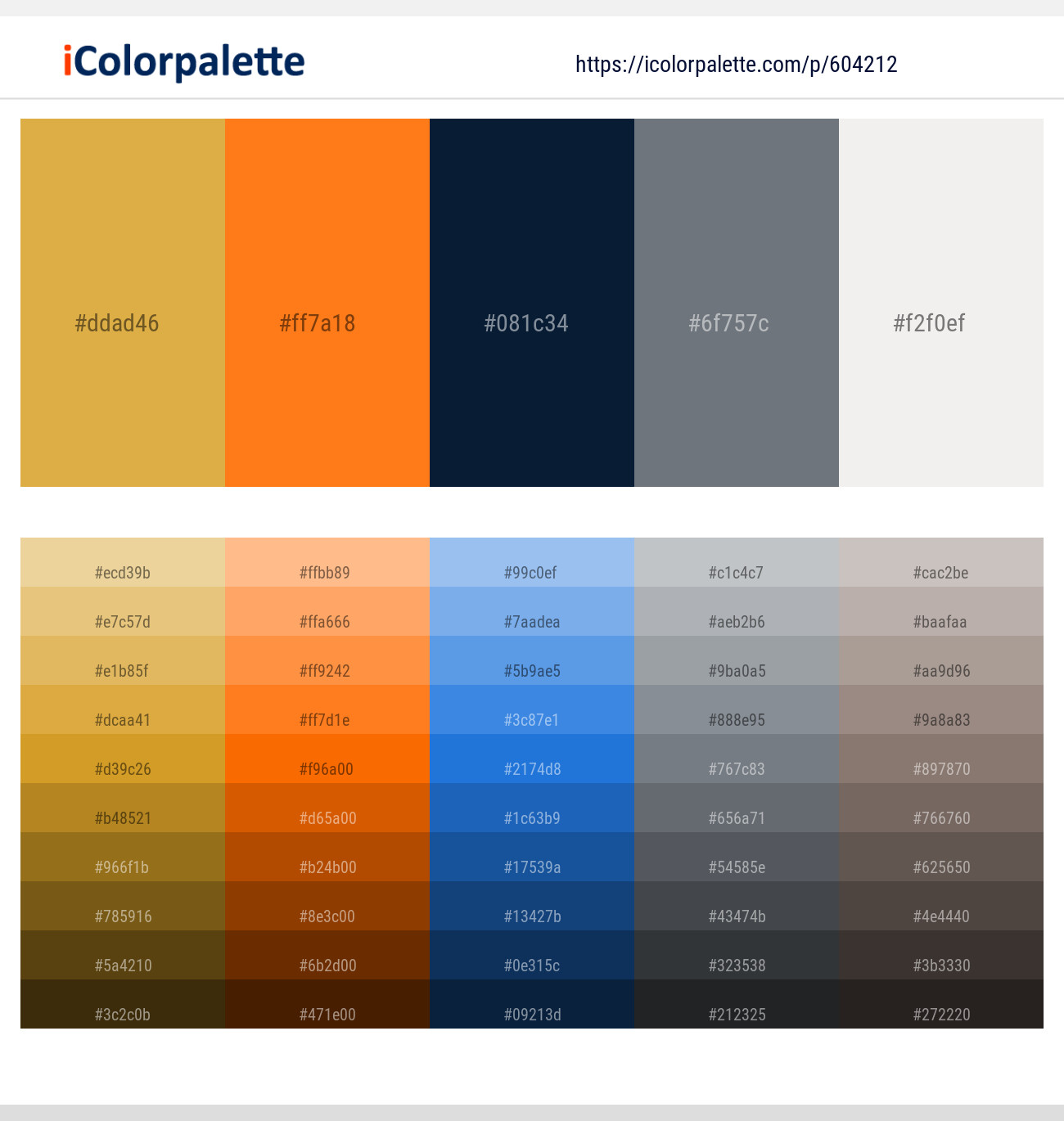 Anzac – Pumpkin – Black Pearl – Pale Sky – Seashell Color scheme