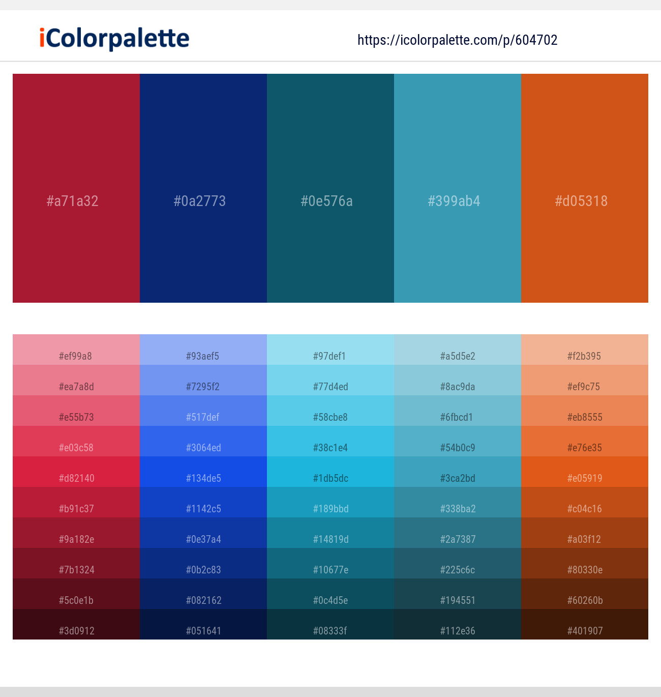 Cardinal – Catalina Blue – Deep Sea Green – Boston Blue – Orange Roughy Color scheme