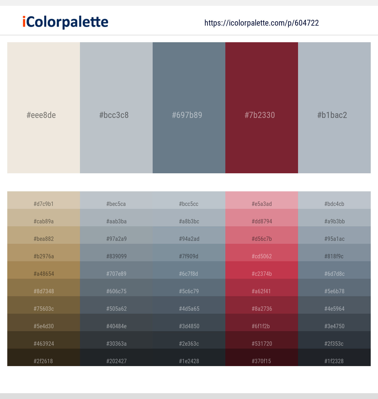 Pearl Bush – Loblolly – Slate Gray – Merlot – Cadet Blue Color scheme