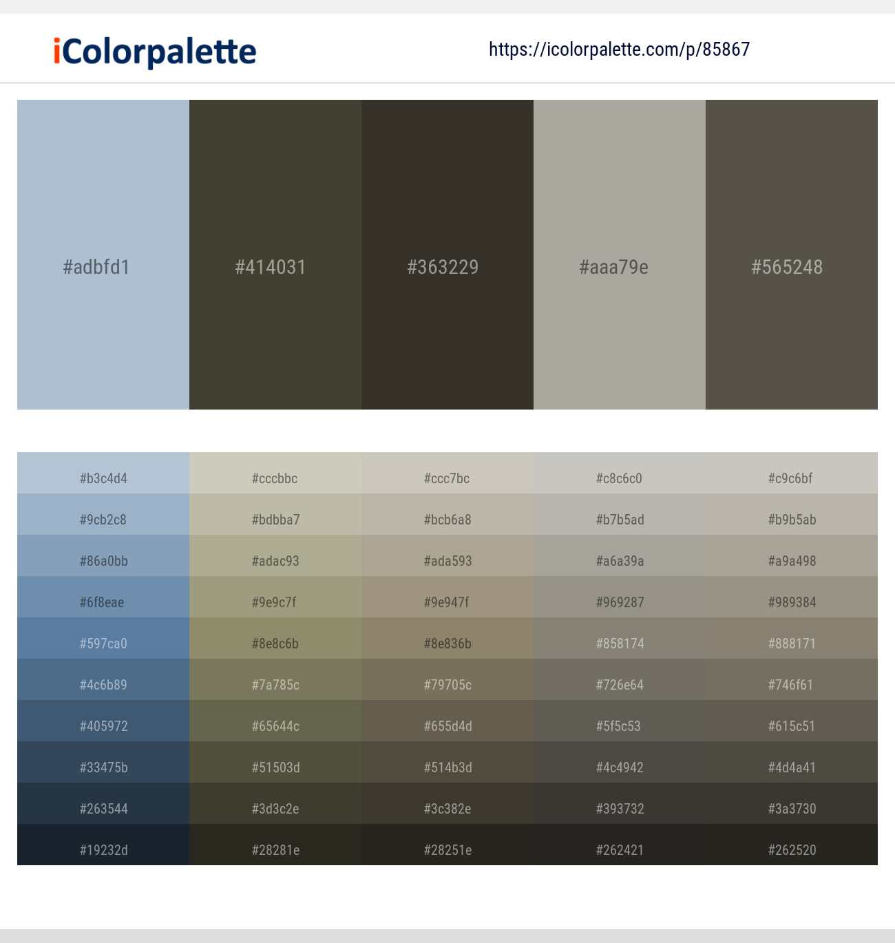 Casper – Kelp – Armadillo – Dawn – Fuscous Gray Color scheme