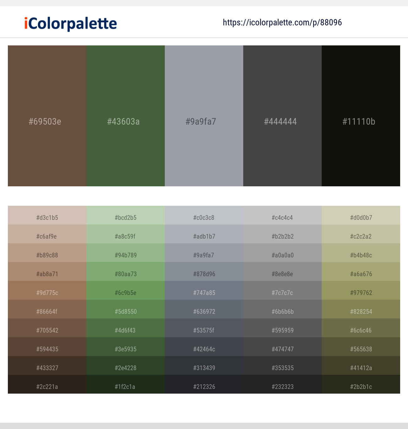 Tobacco Brown – Tom Thumb – Gray Chateau – Tundora – Rangoon Green Color scheme