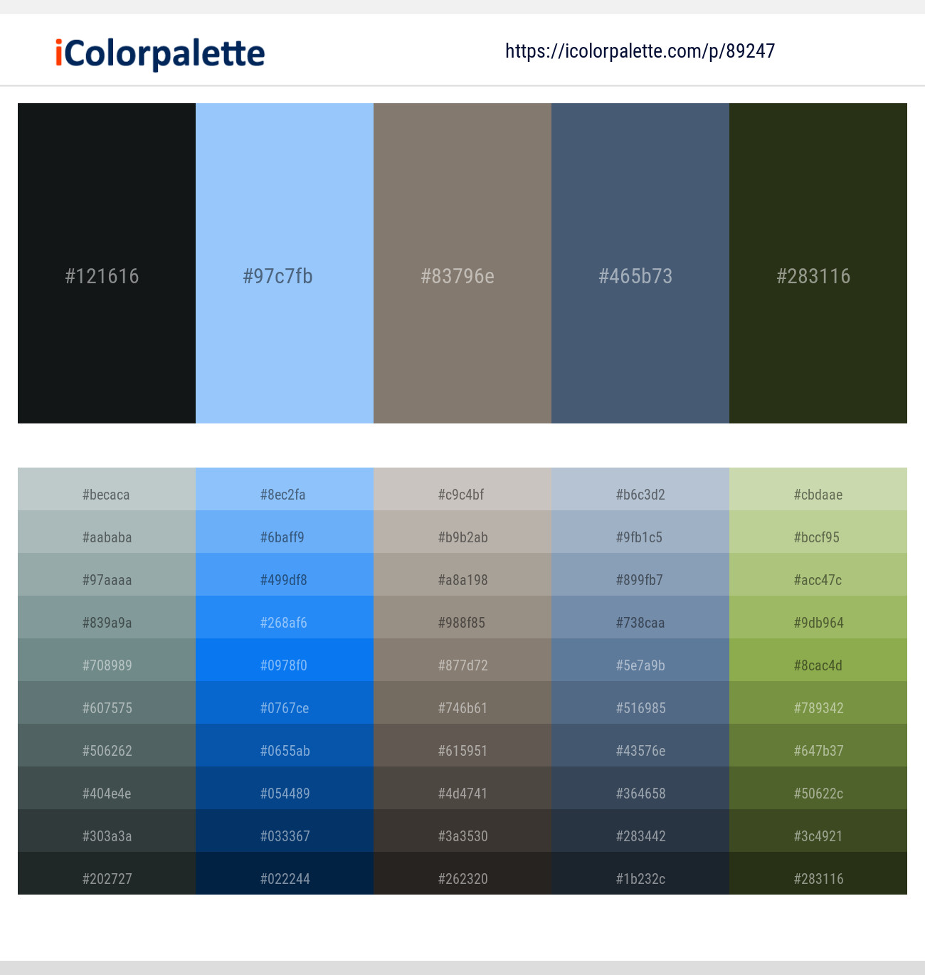 Woodsmoke – Malibu – Makara – Blue Bayoux – Black Olive Color scheme