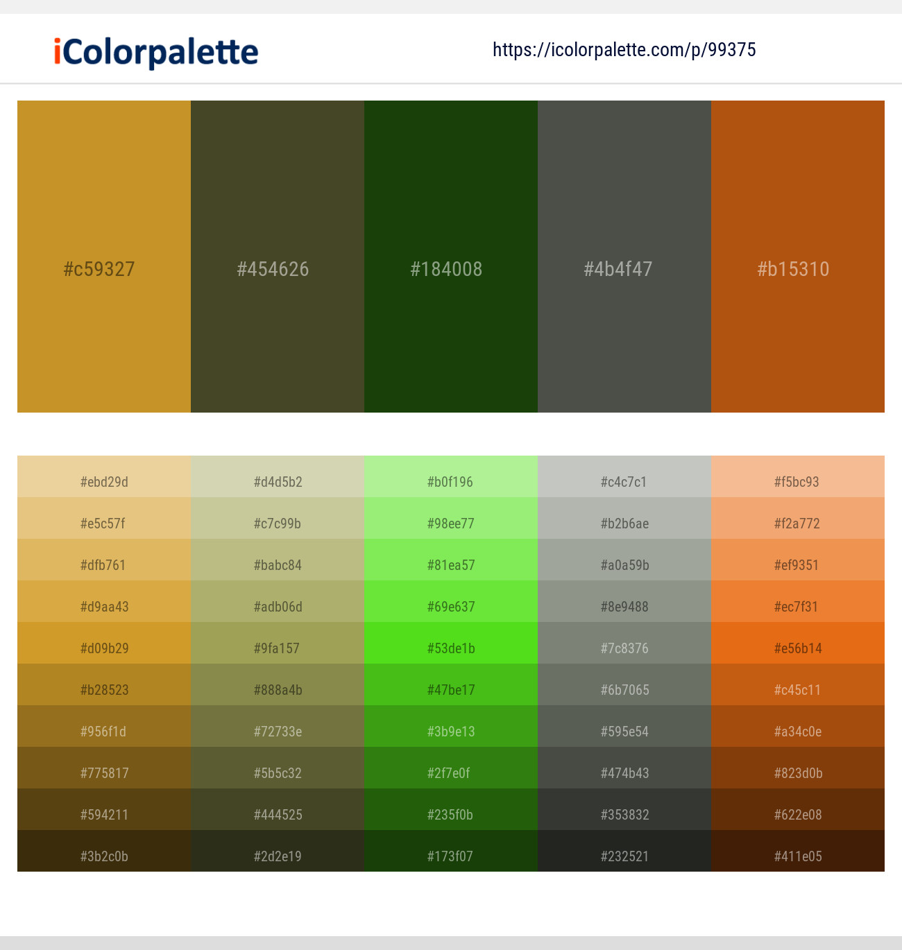 Nugget – Lisbon Brown – Dark Fern – Cabbage Pont – Fiery Orange Color scheme