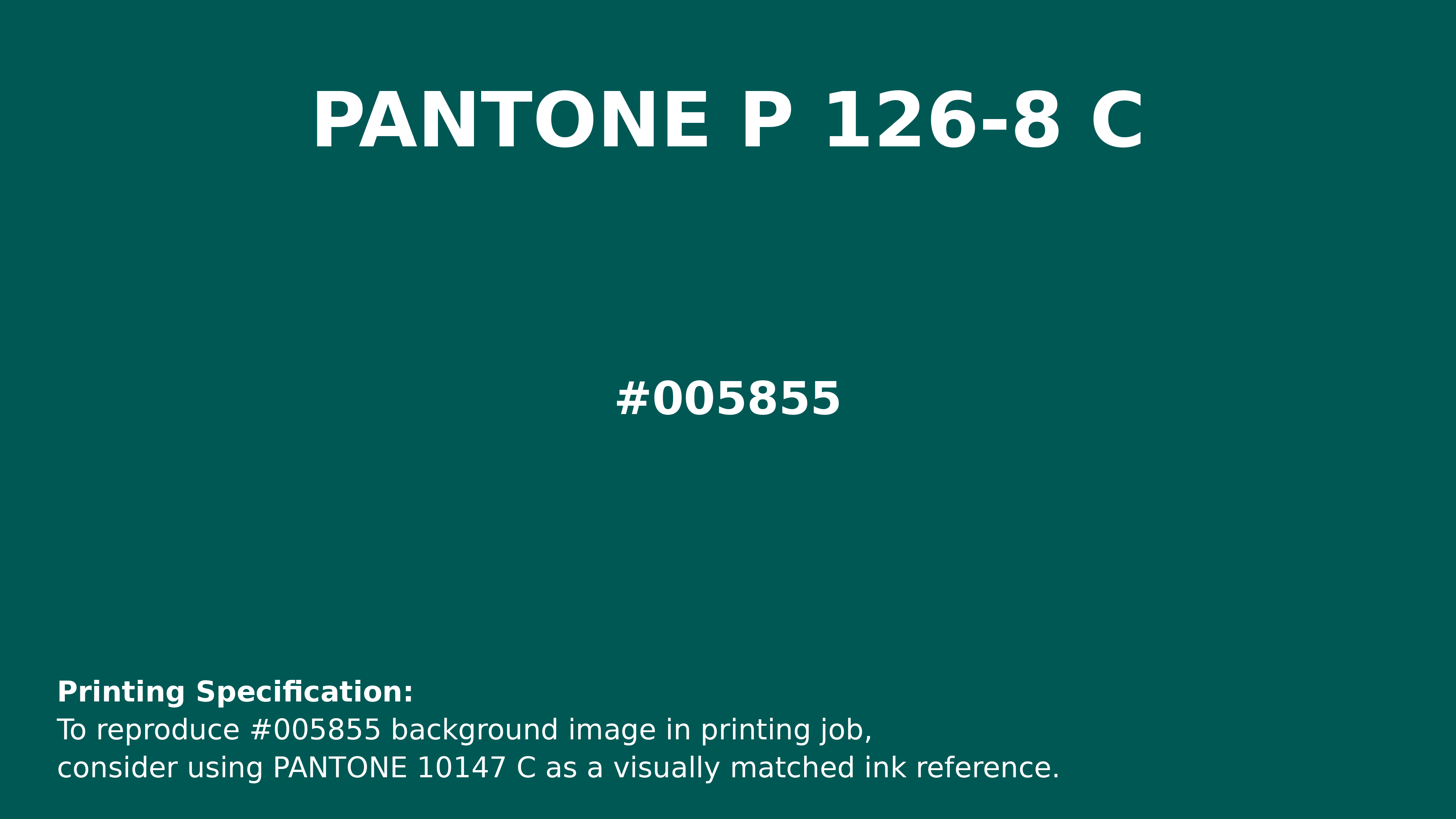 Professional Pantone color reference guide for Pantone P 126-8 C Color | Hex color Code #005855. Perfect for printing specifications and color matching in production. #pantone #colormatching #printing #005855