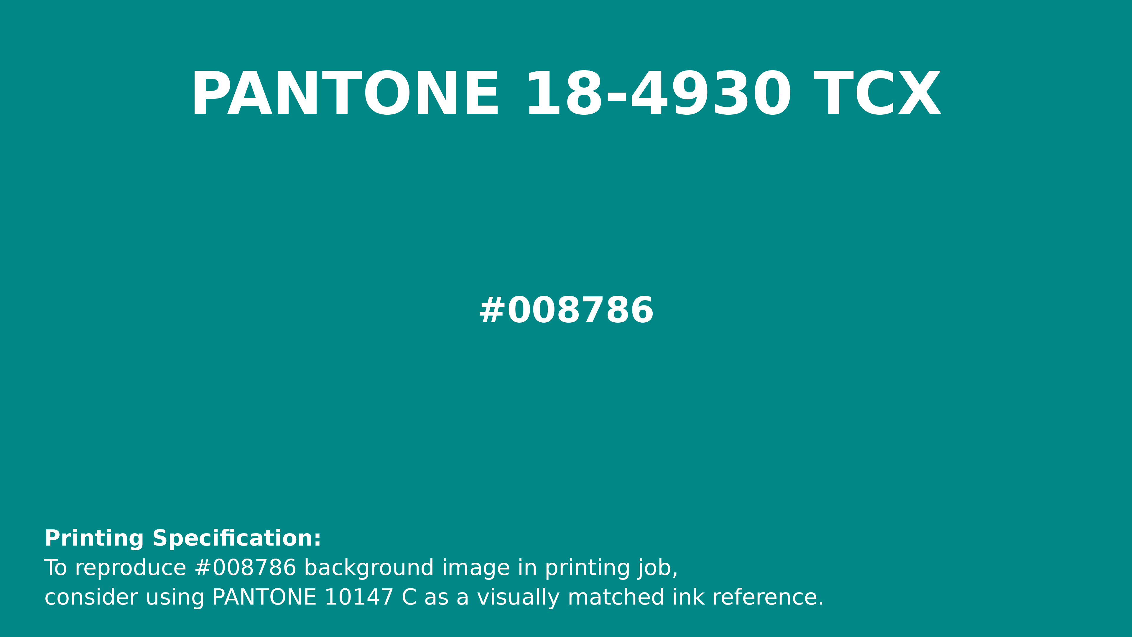 Professional Pantone color reference guide for Pantone 18-4930 Tcx Tropical Green Color | Hex color Code #008786. Perfect for printing specifications and color matching in production. #pantone #colormatching #printing #008786