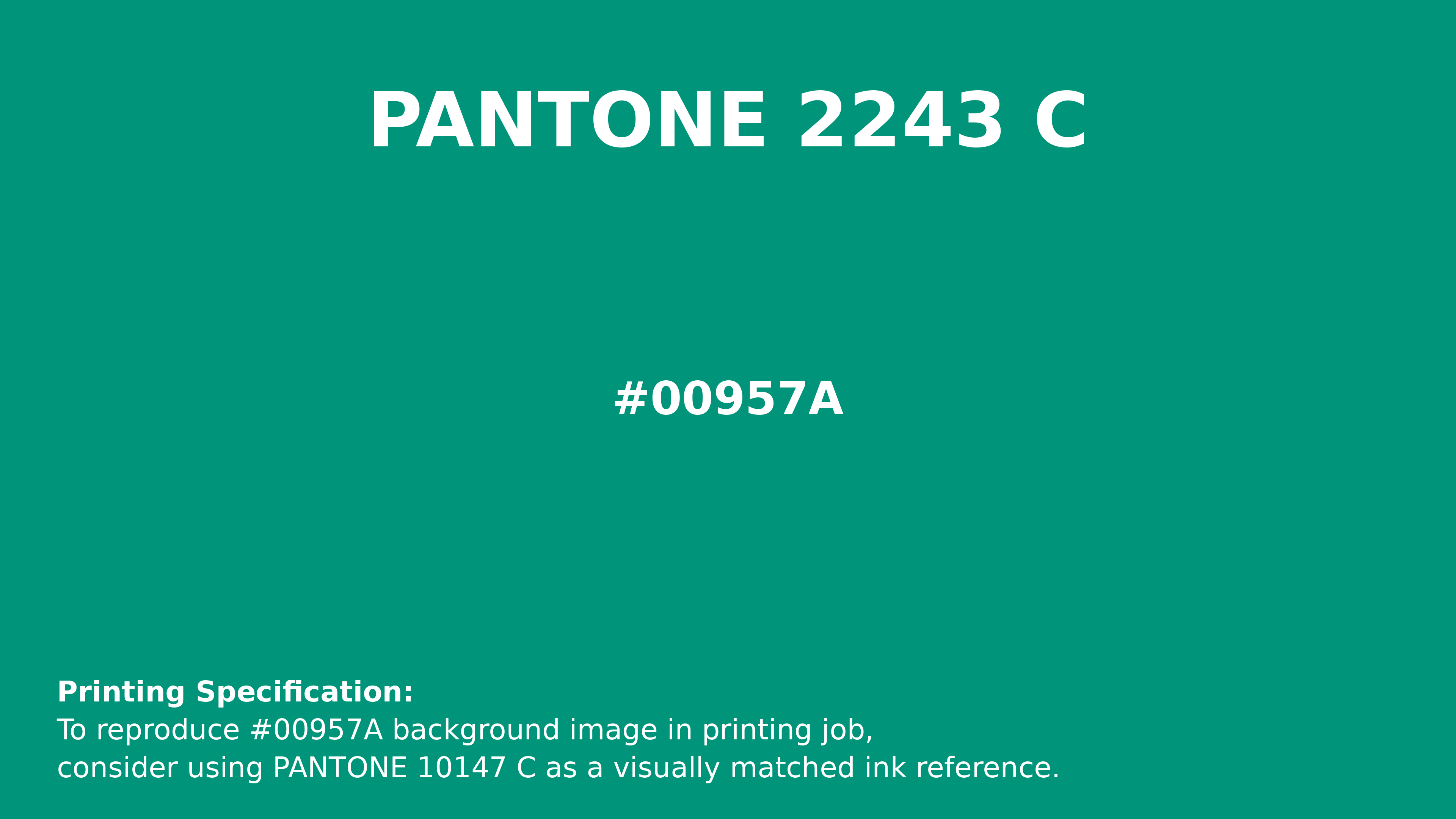 Professional Pantone color reference guide for Pantone 2243 C Color | Hex color Code #00957a. Perfect for printing specifications and color matching in production. #pantone #colormatching #printing #00957a