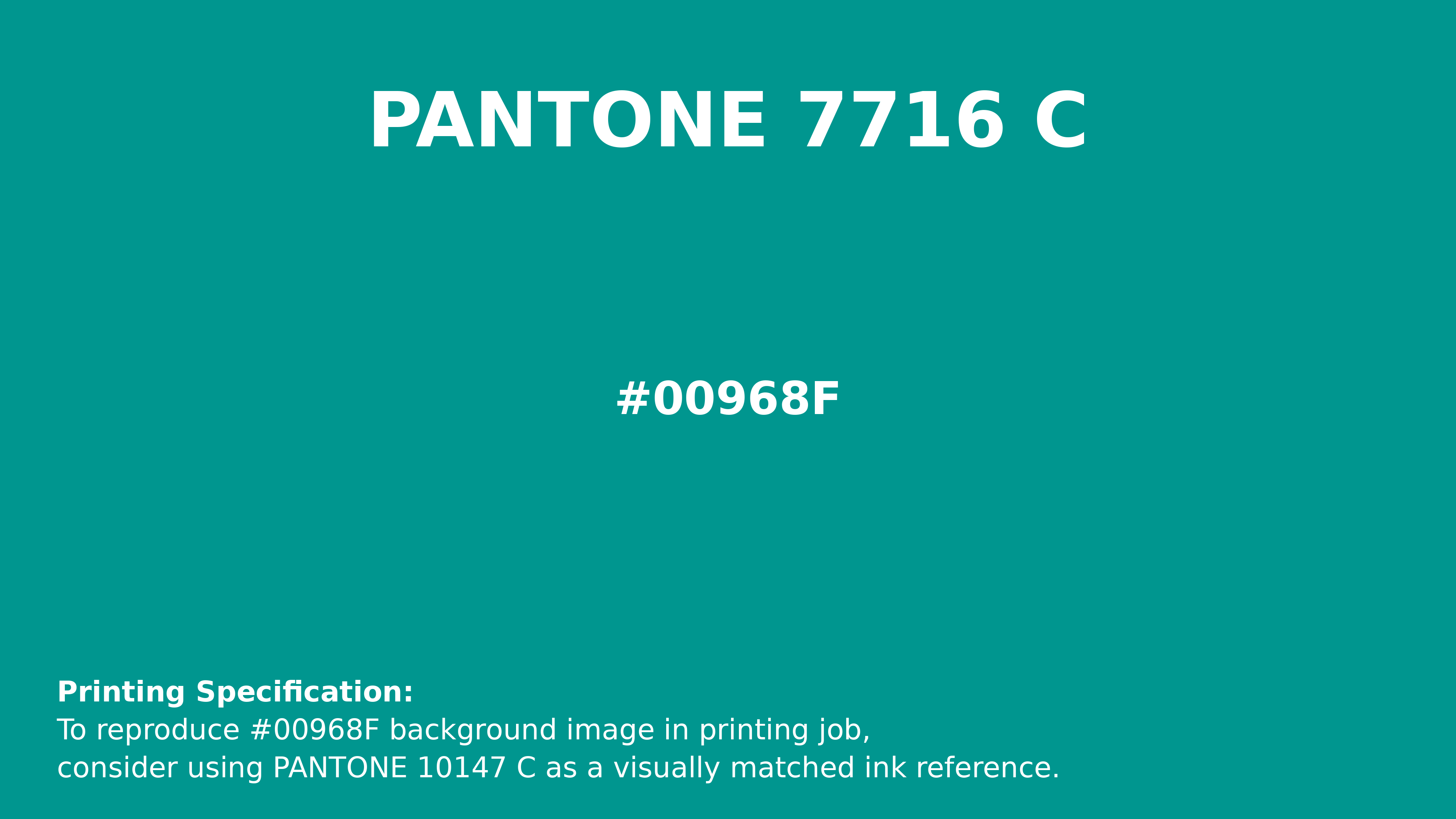 Professional Pantone color reference guide for Pantone 7716 C Color | Hex color Code #00968f. Perfect for printing specifications and color matching in production. #pantone #colormatching #printing #00968f