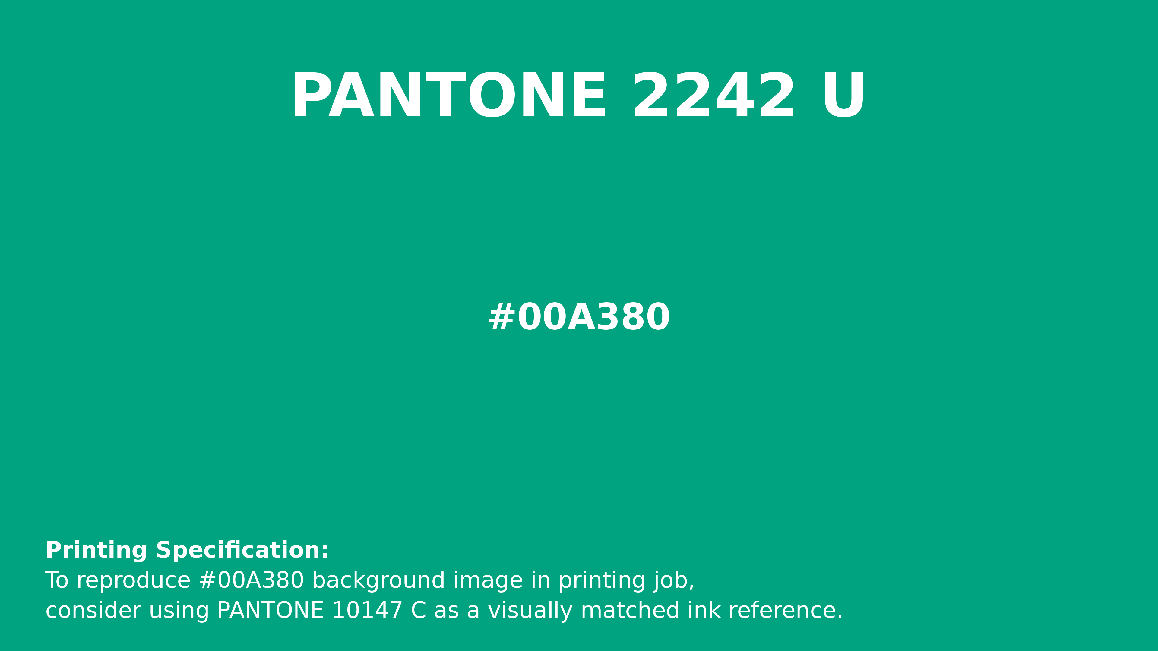 Professional Pantone color reference guide for Pantone 2242 U Color | Hex color Code #00a380. Perfect for printing specifications and color matching in production. #pantone #colormatching #printing #00a380