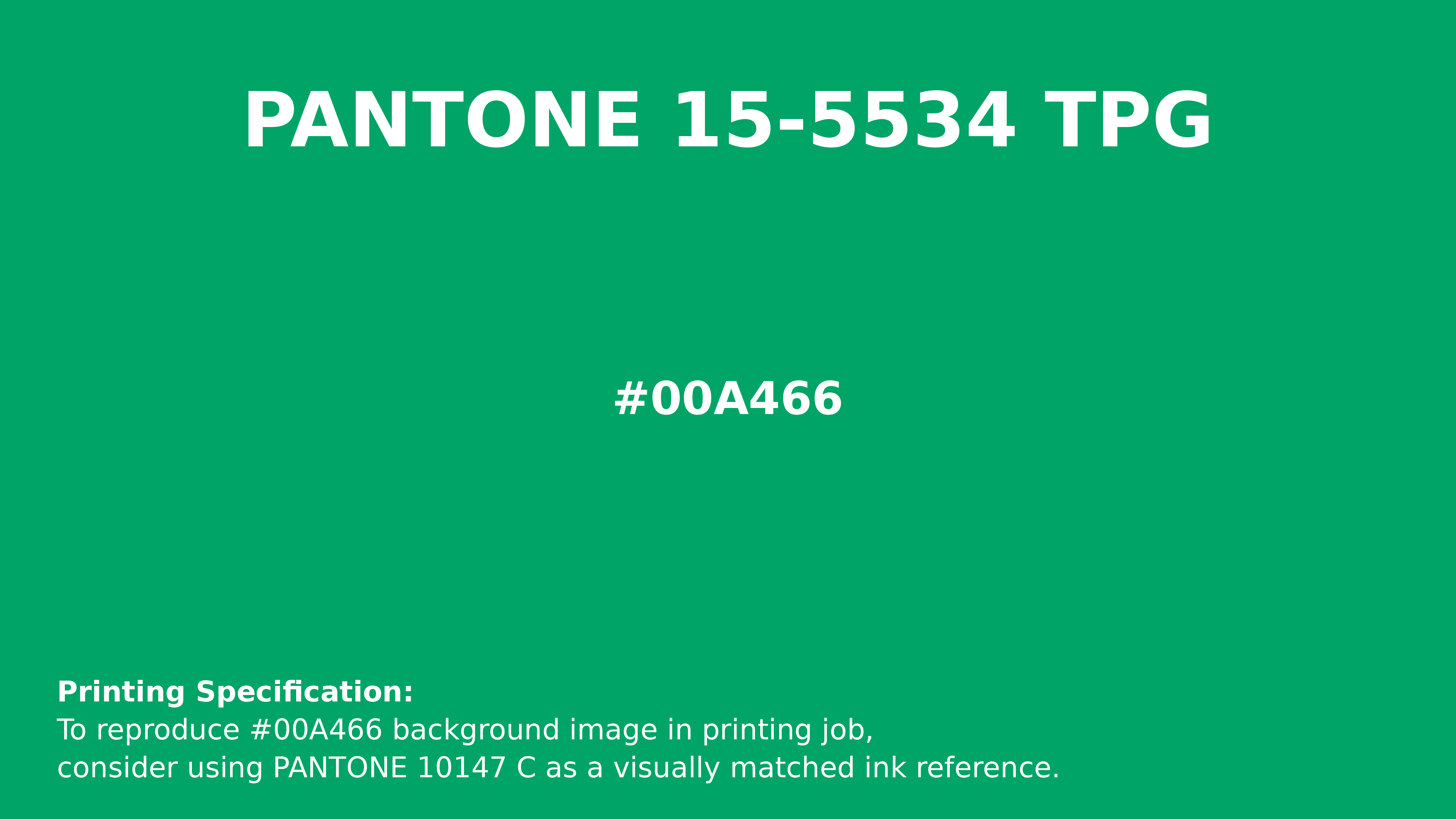 Professional Pantone color reference guide for Pantone 15-5534 Tpg Bright Green Color | Hex color Code #00a466. Perfect for printing specifications and color matching in production. #pantone #colormatching #printing #00a466