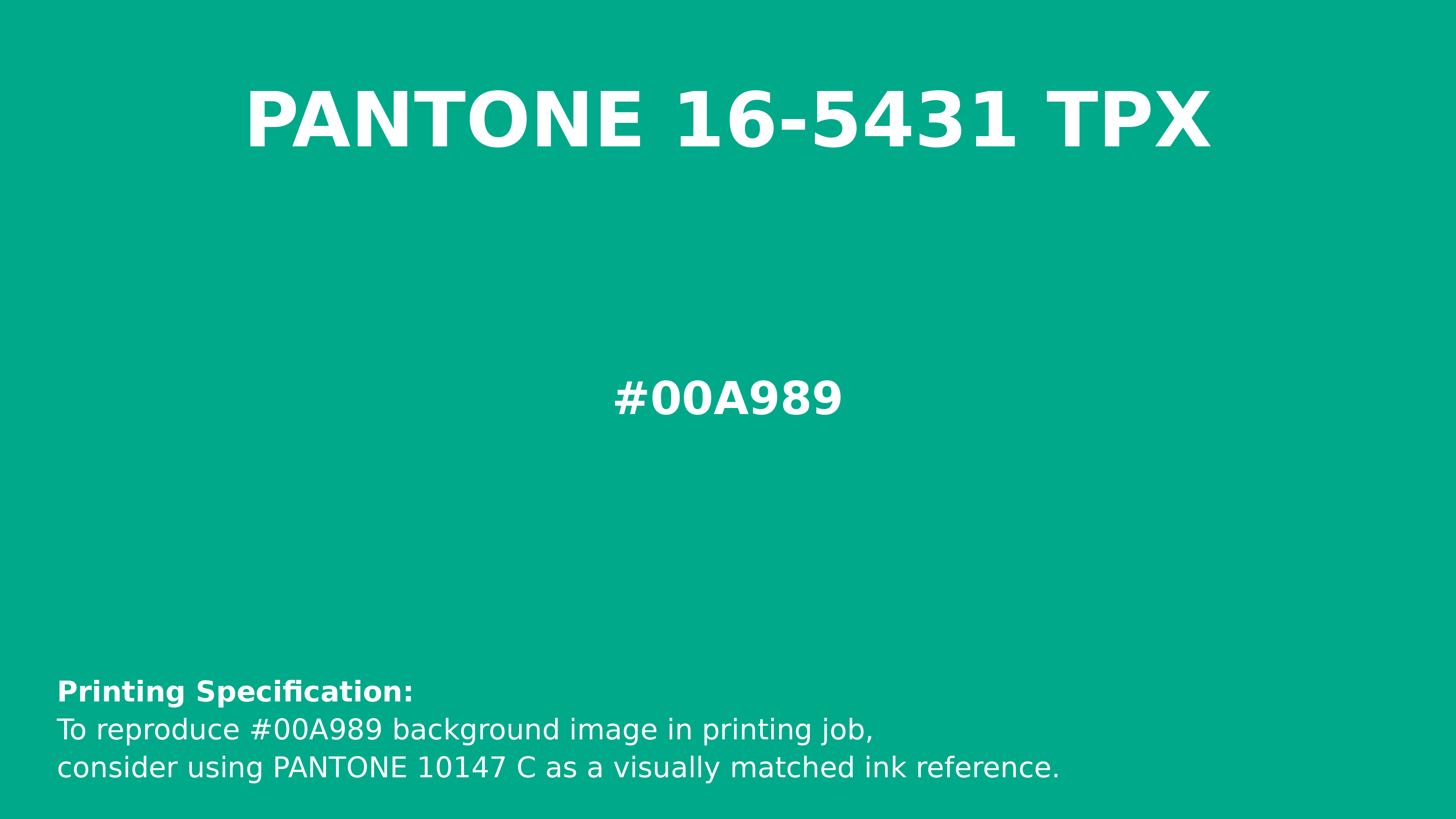 Professional Pantone color reference guide for Pantone 16-5431 Tpx Peacock Green Color | Hex color Code #00a989. Perfect for printing specifications and color matching in production. #pantone #colormatching #printing #00a989