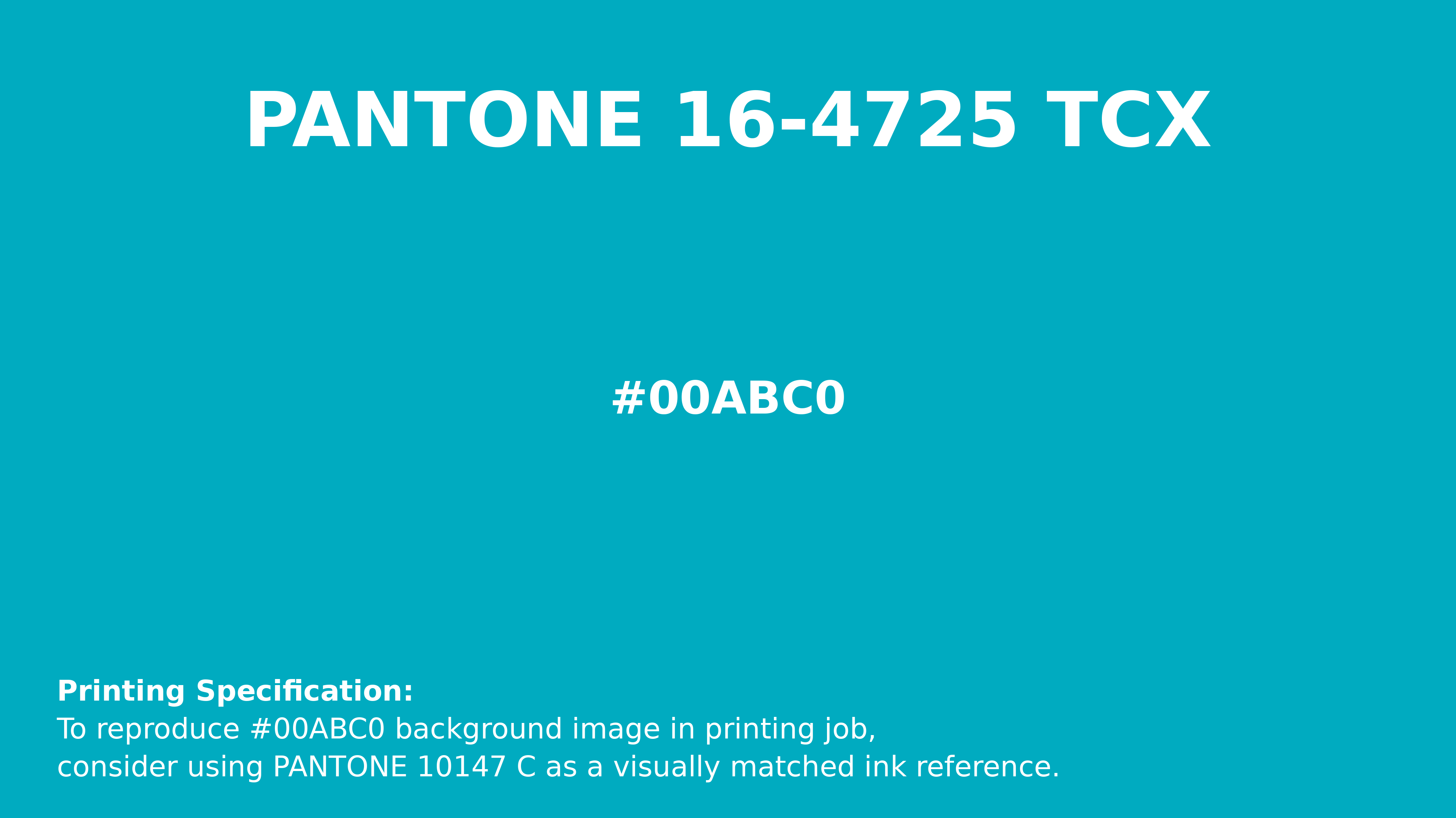 Professional Pantone color reference guide for Pantone 16-4725 Tcx Scuba Blue Color | Hex color Code #00abc0. Perfect for printing specifications and color matching in production. #pantone #colormatching #printing #00abc0