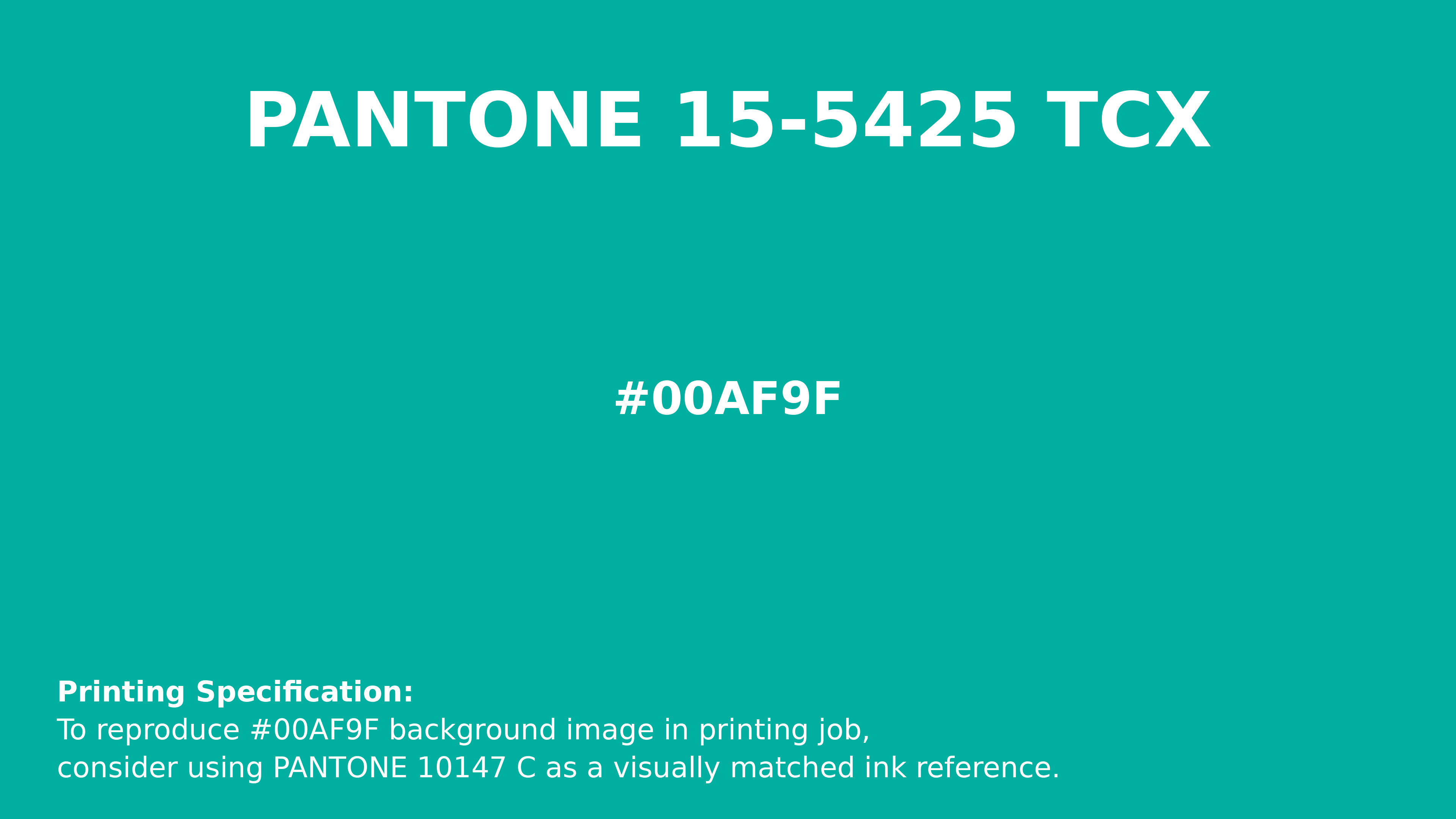 Professional Pantone color reference guide for Pantone 15-5425 Tcx Atlantis Color | Hex color Code #00af9f. Perfect for printing specifications and color matching in production. #pantone #colormatching #printing #00af9f