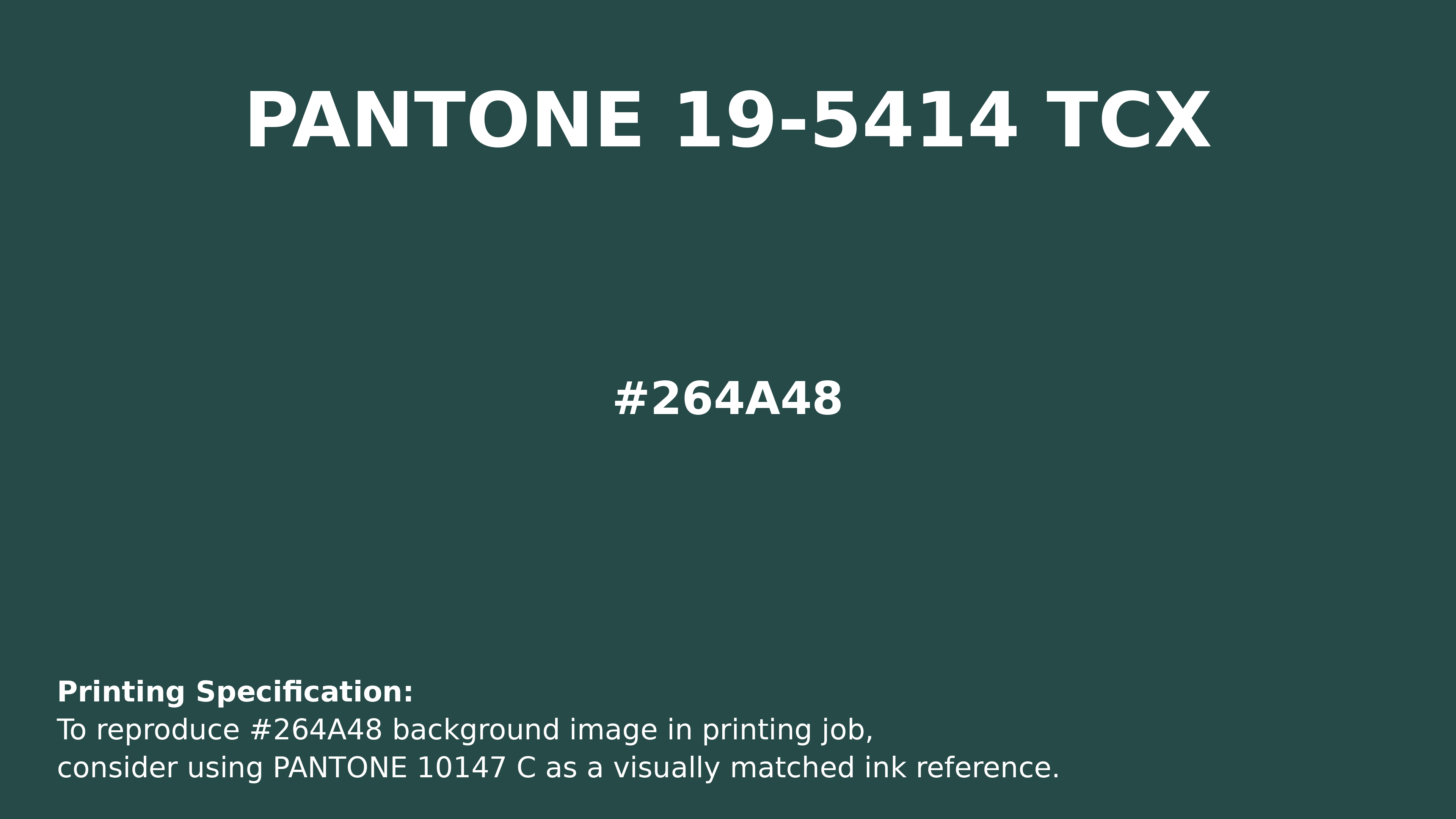 Professional Pantone color reference guide for Pantone 19-5414 Tcx June Bug Color | Hex color Code #264a48. Perfect for printing specifications and color matching in production. #pantone #colormatching #printing #264a48
