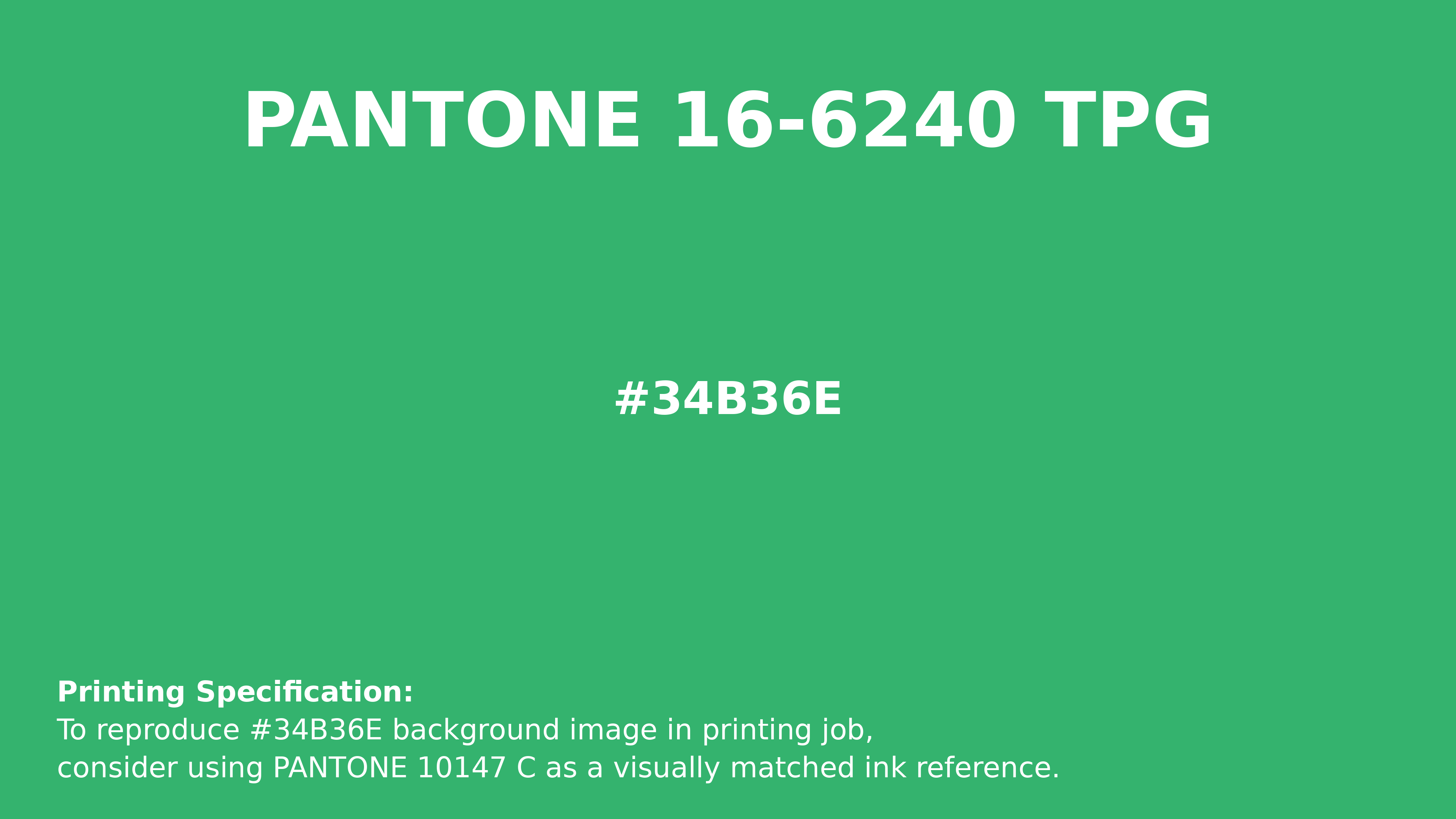 Professional Pantone color reference guide for Pantone 16-6240 Tpg Island Green Color | Hex color Code #34b36e. Perfect for printing specifications and color matching in production. #pantone #colormatching #printing #34b36e