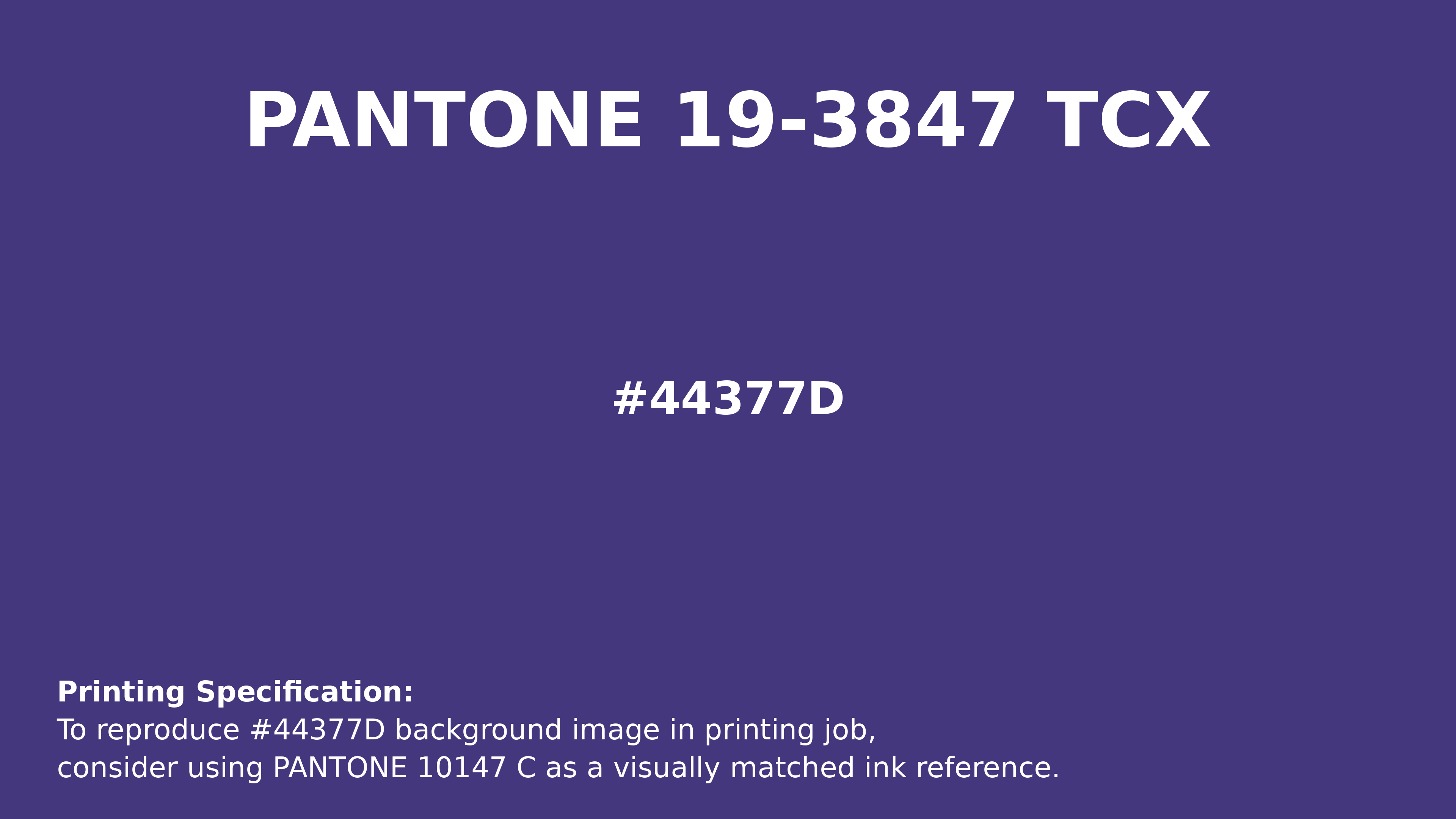 Professional Pantone color reference guide for Pantone 19-3847 Tcx Deep Blue Color | Hex color Code #44377d. Perfect for printing specifications and color matching in production. #pantone #colormatching #printing #44377d