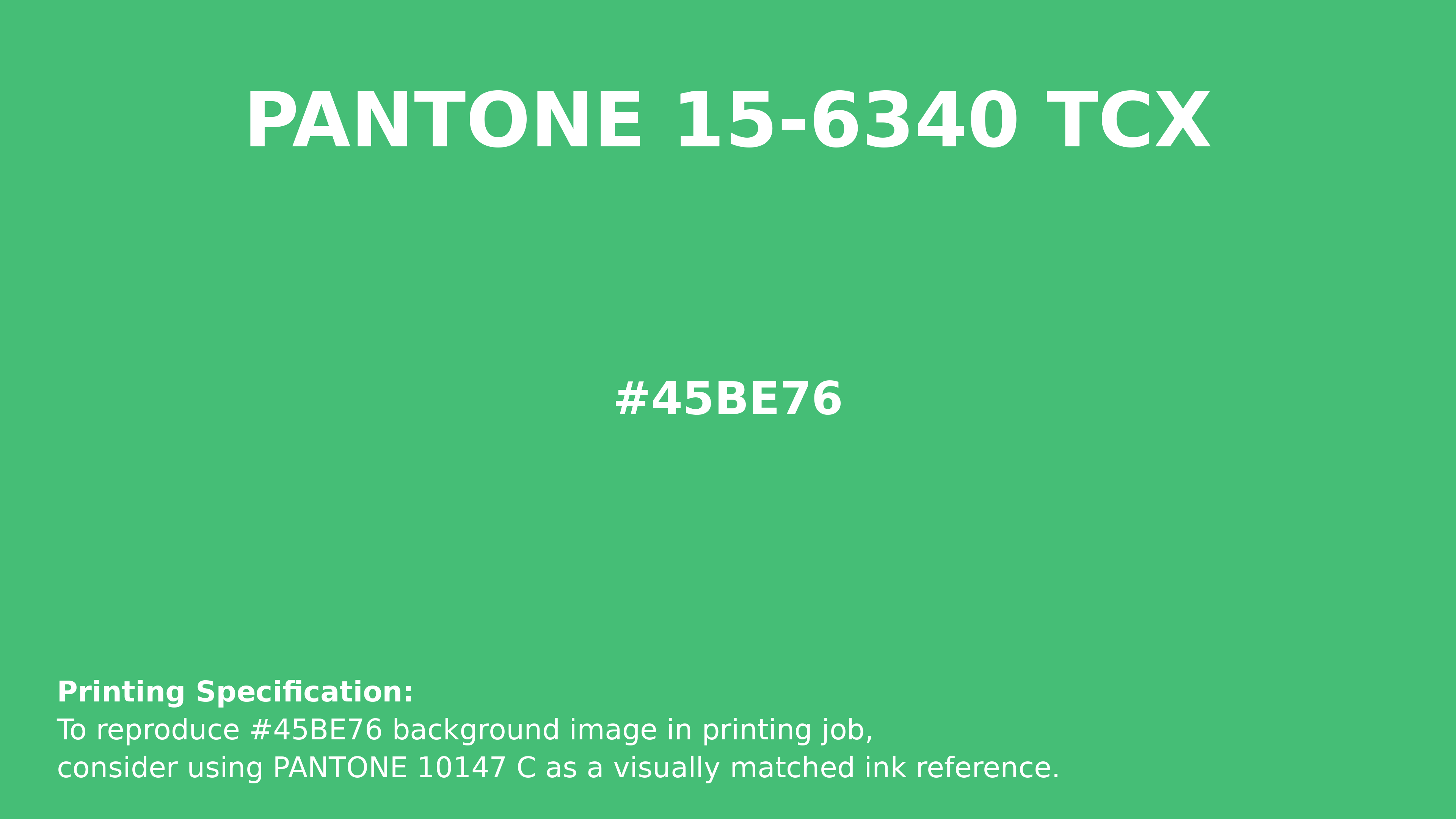 Professional Pantone color reference guide for Pantone 15-6340 Tcx Irish Green Color | Hex color Code #45be76. Perfect for printing specifications and color matching in production. #pantone #colormatching #printing #45be76