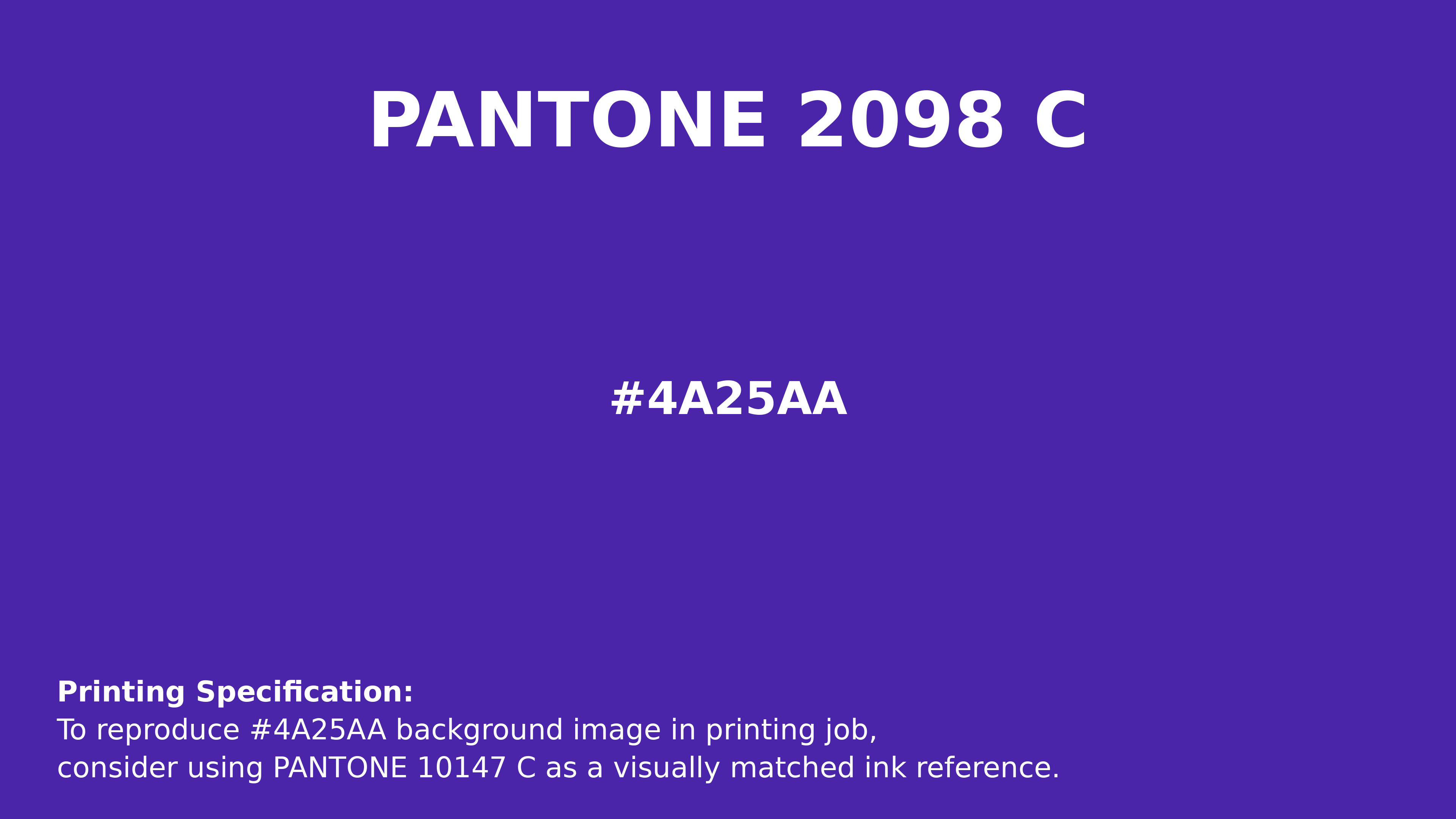 Professional Pantone color reference guide for Pantone 2098 C Color | Hex color Code #4a25aa. Perfect for printing specifications and color matching in production. #pantone #colormatching #printing #4a25aa