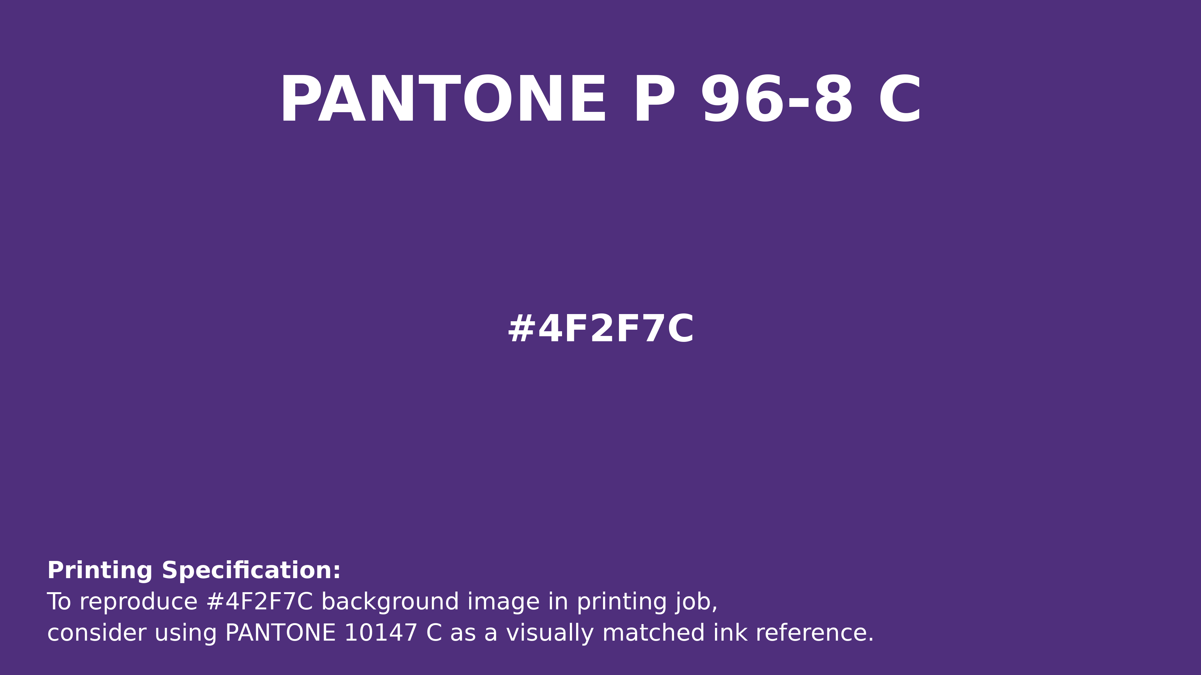 Professional Pantone color reference guide for Pantone P 96-8 C Color | Hex color Code #4f2f7c. Perfect for printing specifications and color matching in production. #pantone #colormatching #printing #4f2f7c