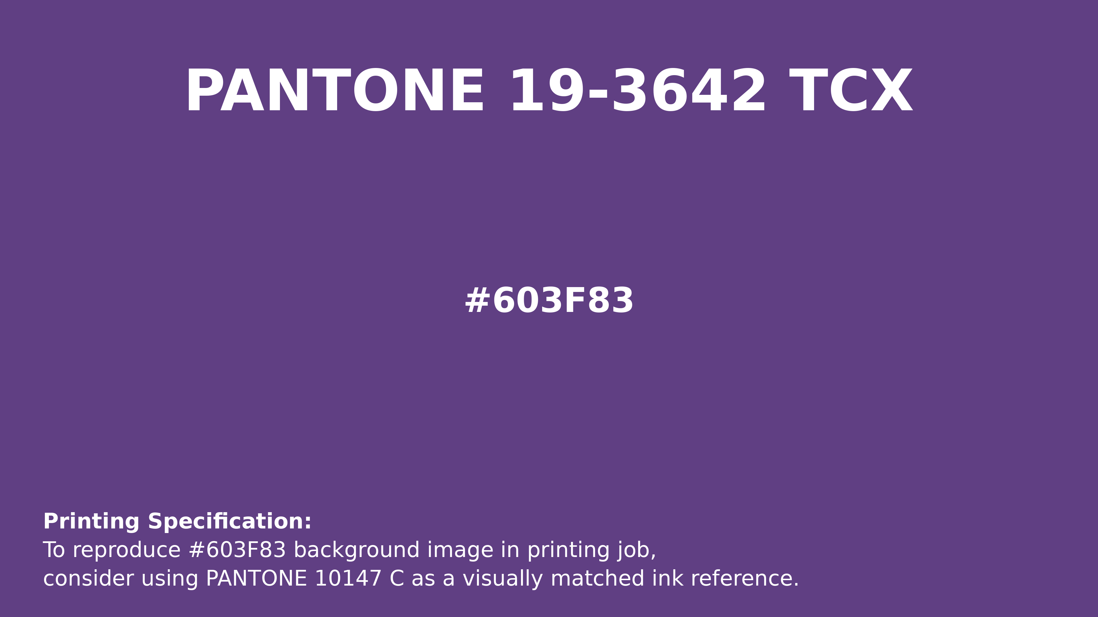 Professional Pantone color reference guide for Pantone 19-3642 Tcx Royal Purple Color | Hex color Code #603f83. Perfect for printing specifications and color matching in production. #pantone #colormatching #printing #603f83