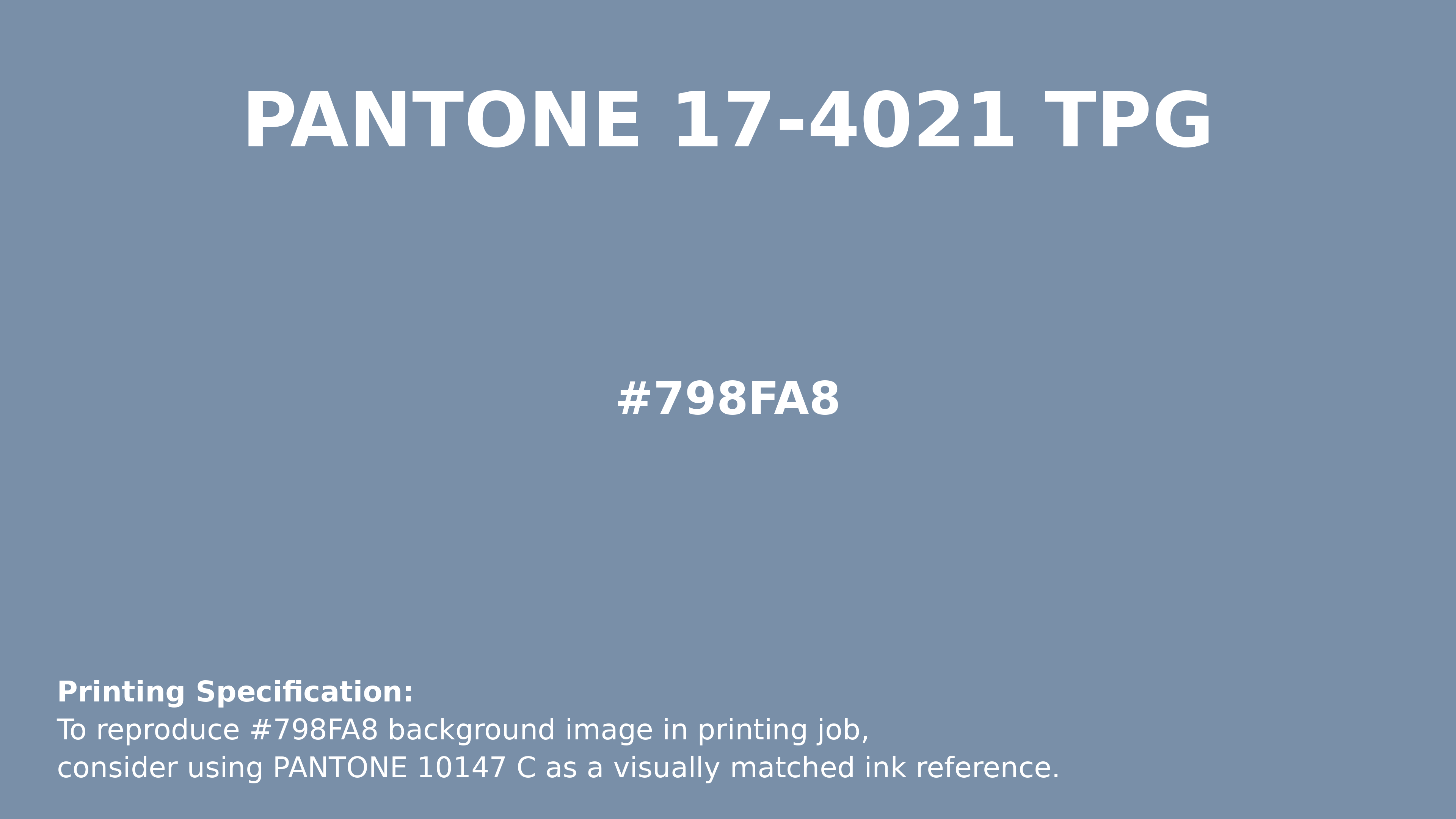 Professional Pantone color reference guide for Pantone 17-4021 Tpg Faded Denim Color | Hex color Code #798fa8. Perfect for printing specifications and color matching in production. #pantone #colormatching #printing #798fa8
