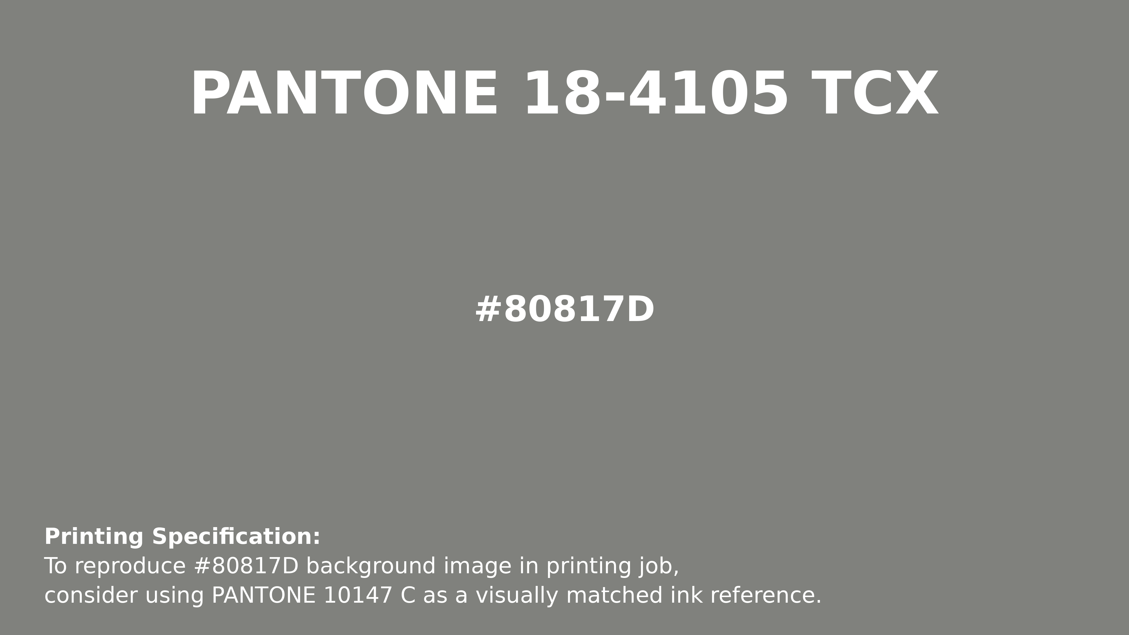 Professional Pantone color reference guide for Pantone 18-4105 Tcx Moon Mist Color | Hex color Code #80817d. Perfect for printing specifications and color matching in production. #pantone #colormatching #printing #80817d