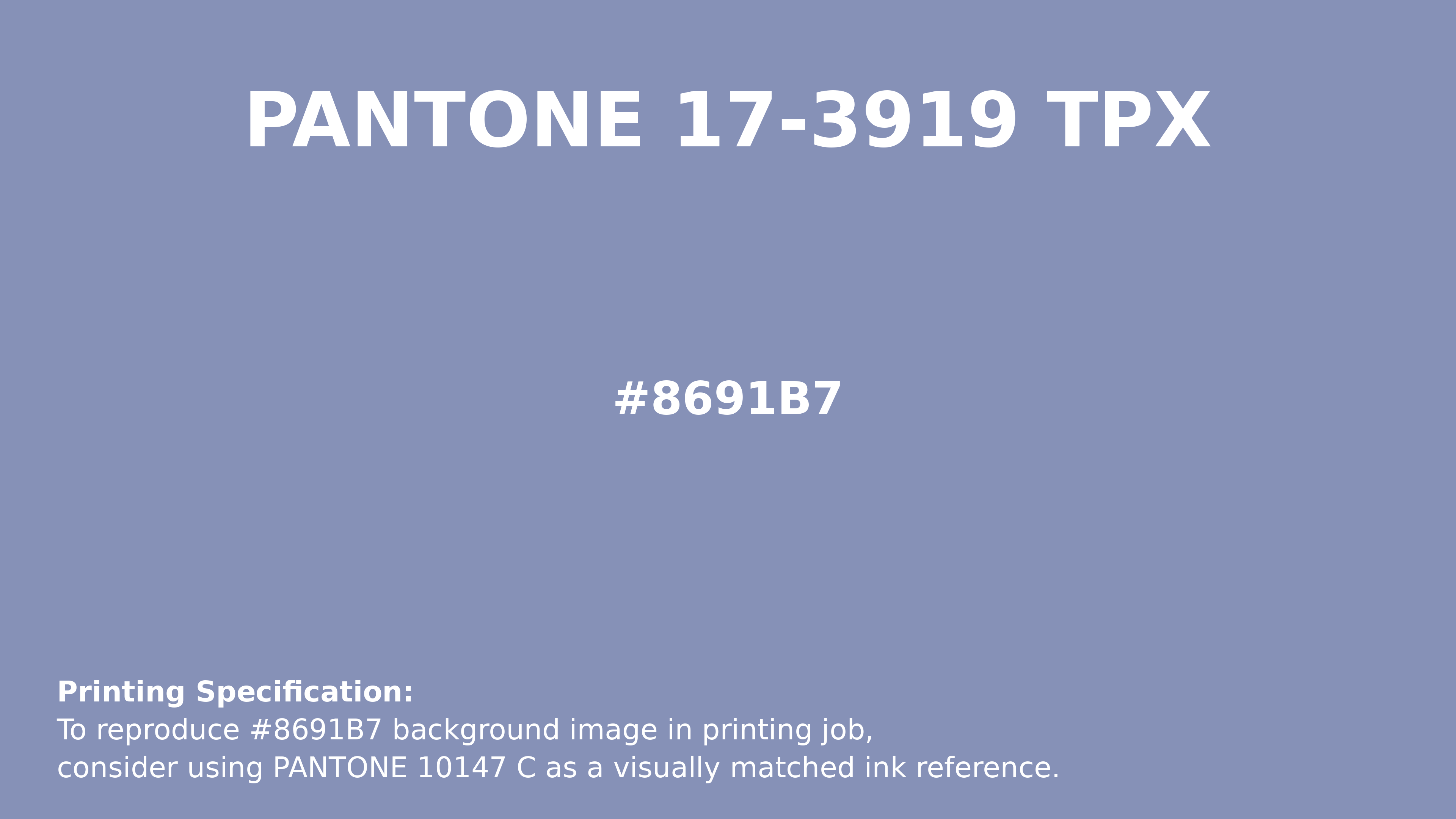 Professional Pantone color reference guide for Pantone 17-3919 Tpx Purple Impression Color | Hex color Code #8691b7. Perfect for printing specifications and color matching in production. #pantone #colormatching #printing #8691b7