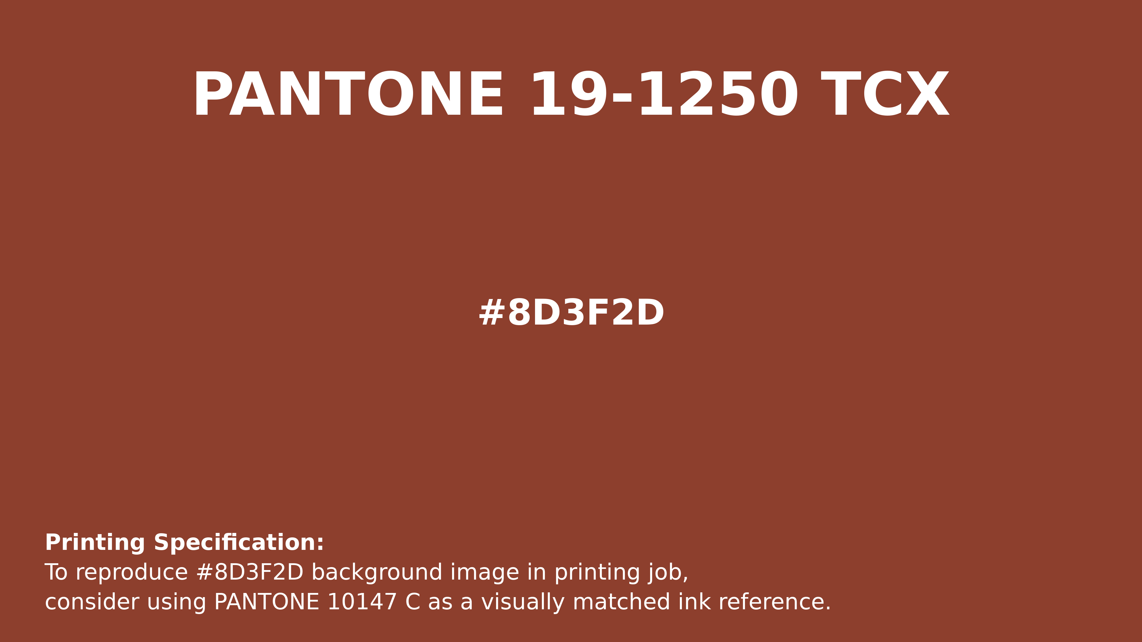 Professional Pantone color reference guide for Pantone 19-1250 Tcx Picante Color | Hex color Code #8d3f2d. Perfect for printing specifications and color matching in production. #pantone #colormatching #printing #8d3f2d