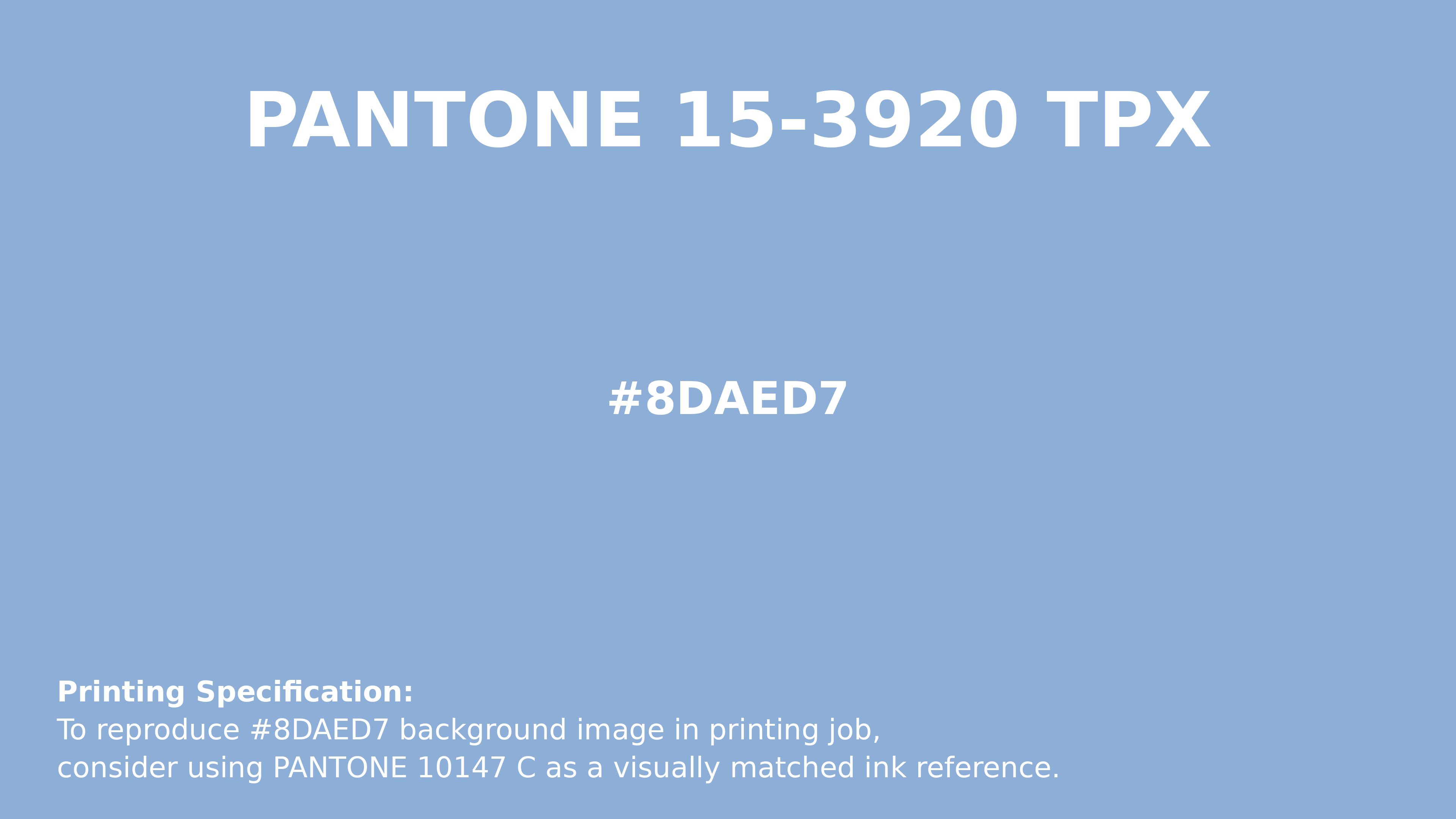 Professional Pantone color reference guide for Pantone 15-3920 Tpx Placid Blue Color | Hex color Code #8daed7. Perfect for printing specifications and color matching in production. #pantone #colormatching #printing #8daed7