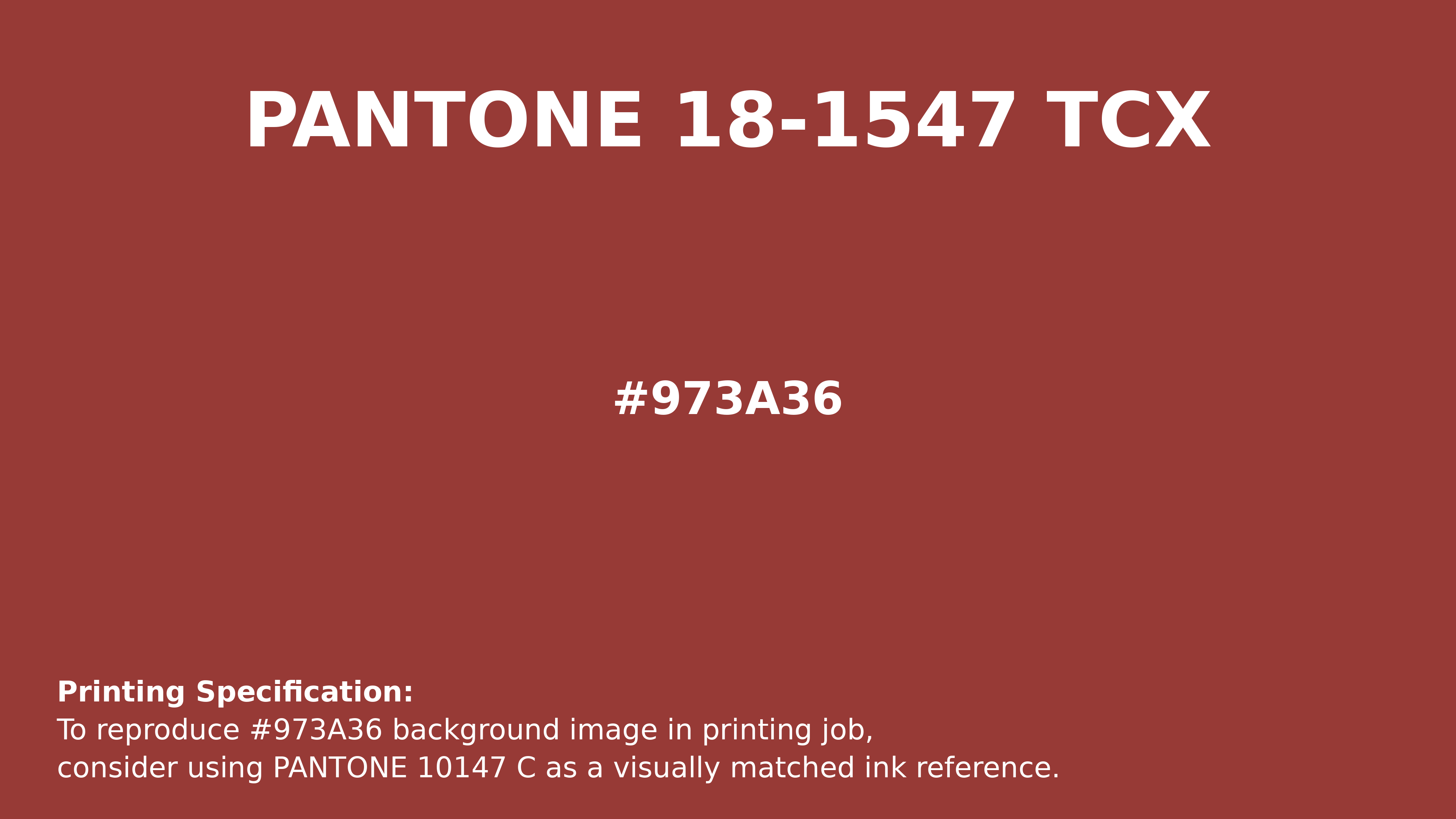 Professional Pantone color reference guide for Pantone 18-1547 Tcx Bossa Nova Color | Hex color Code #973a36. Perfect for printing specifications and color matching in production. #pantone #colormatching #printing #973a36