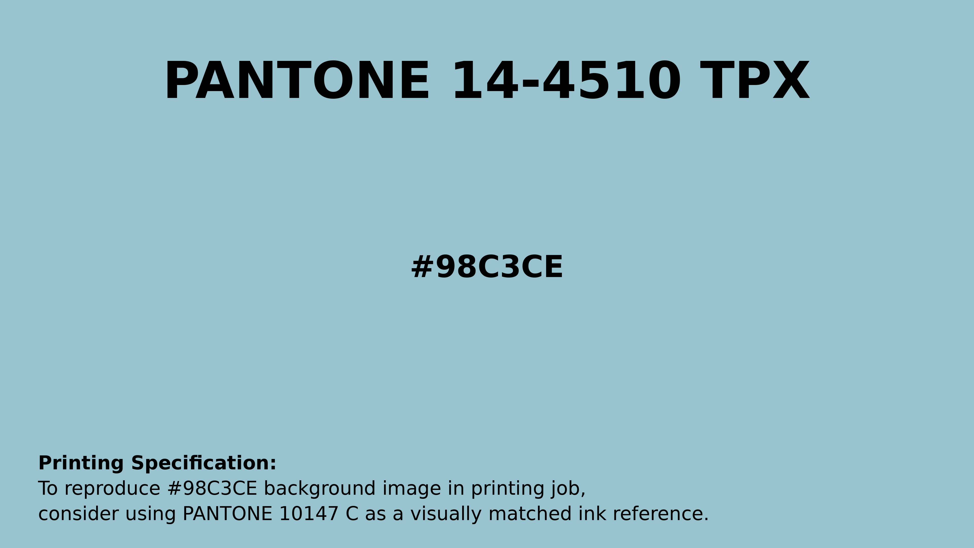 Professional Pantone color reference guide for Pantone 14-4510 Tpx Aquatic Color | Hex color Code #98c3ce. Perfect for printing specifications and color matching in production. #pantone #colormatching #printing #98c3ce
