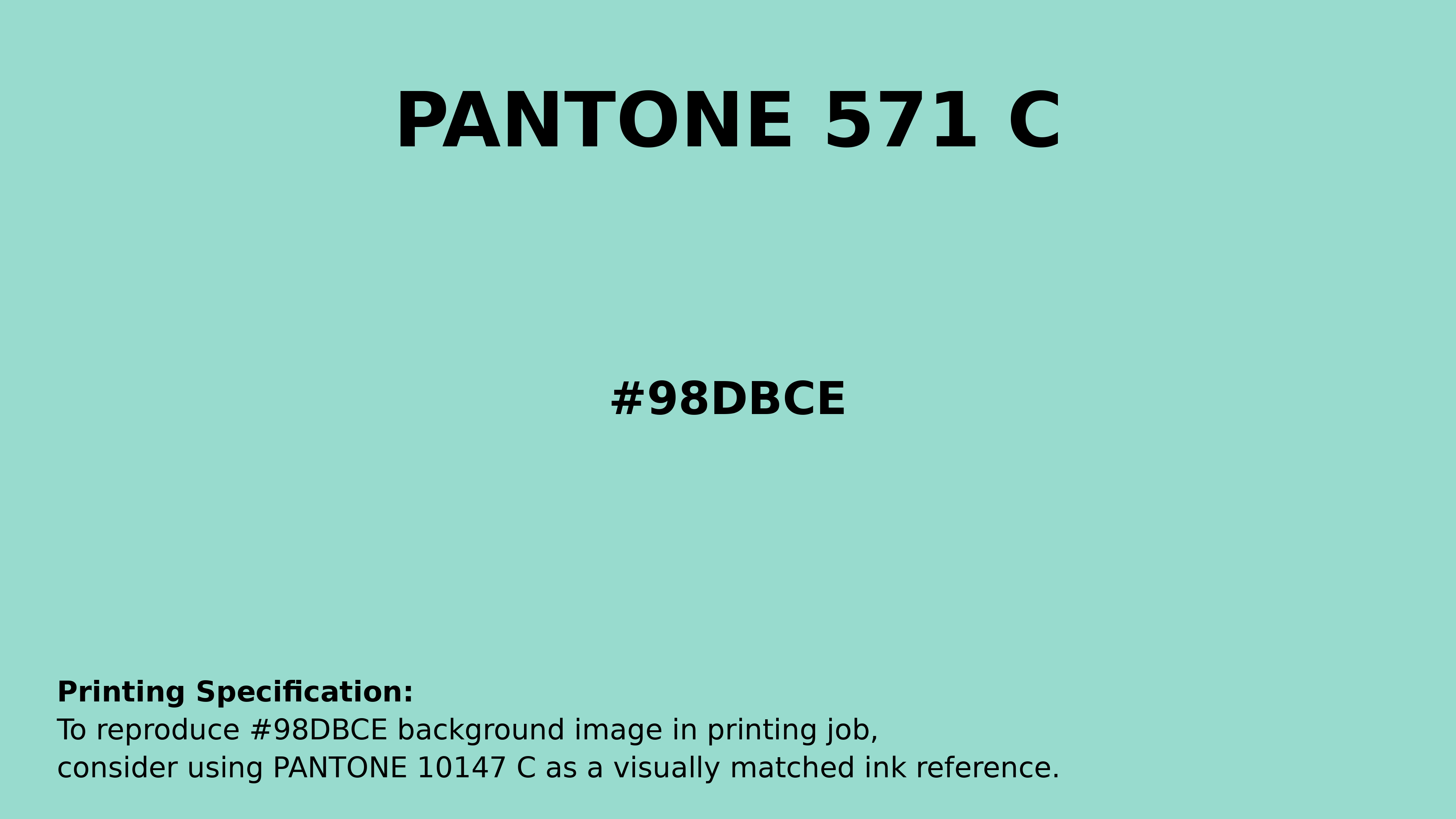 Professional Pantone color reference guide for Pantone 571 C Color | Hex color Code #98dbce. Perfect for printing specifications and color matching in production. #pantone #colormatching #printing #98dbce