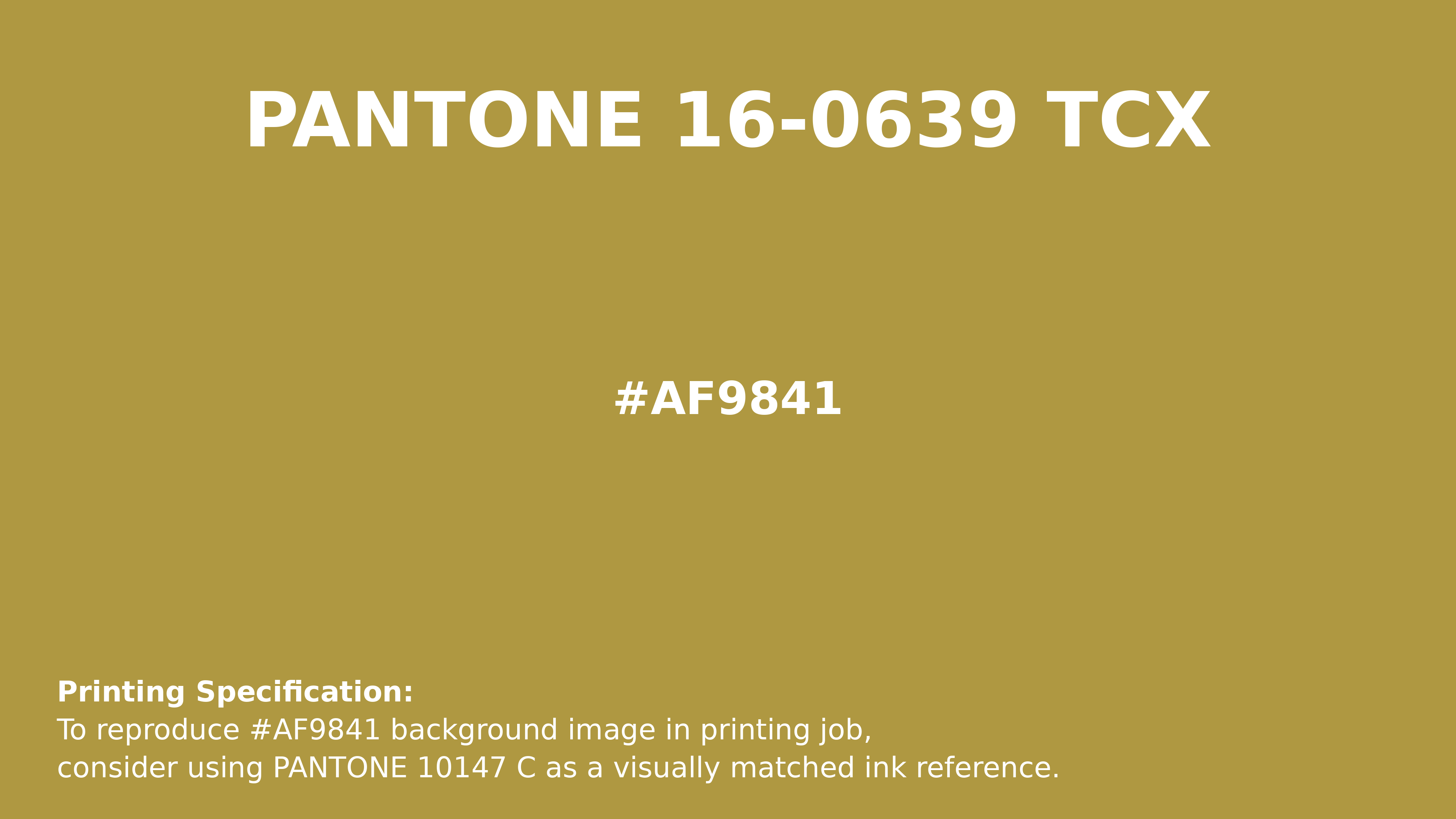 Professional Pantone color reference guide for Pantone 16-0639 Tcx Golden Olive Color | Hex color Code #af9841. Perfect for printing specifications and color matching in production. #pantone #colormatching #printing #af9841