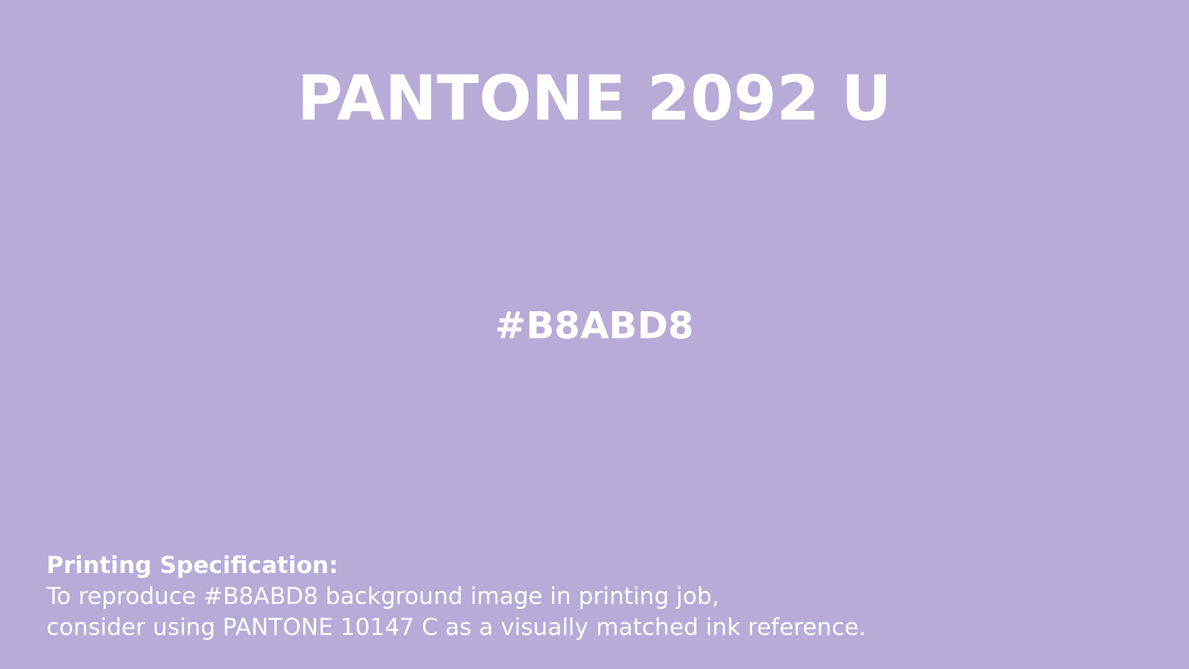 Professional Pantone color reference guide for Pantone 2092 U Color | Hex color Code #b8abd8. Perfect for printing specifications and color matching in production. #pantone #colormatching #printing #b8abd8