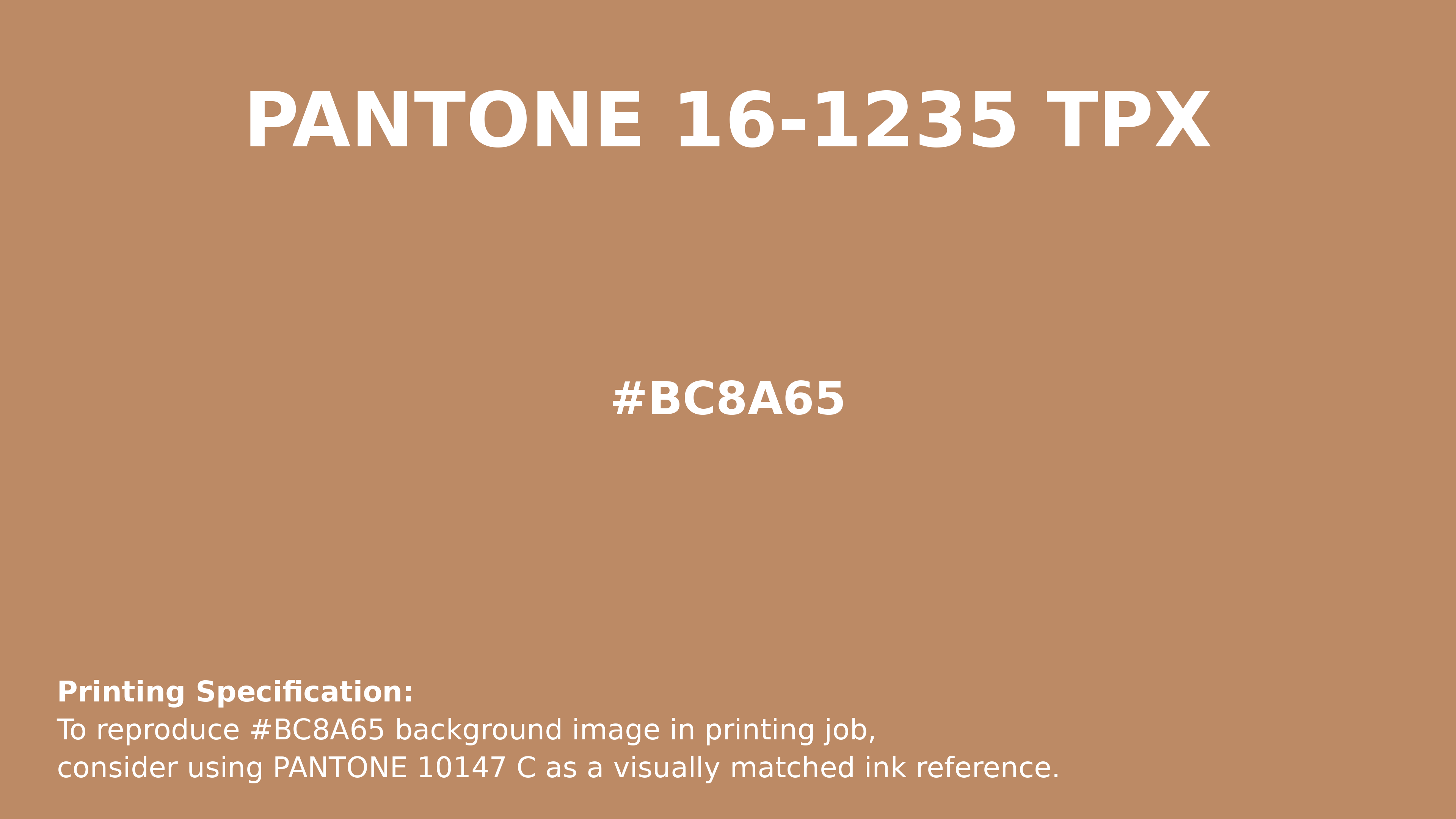 Professional Pantone color reference guide for Pantone 16-1235 Tpx Sandstorm Color | Hex color Code #bc8a65. Perfect for printing specifications and color matching in production. #pantone #colormatching #printing #bc8a65