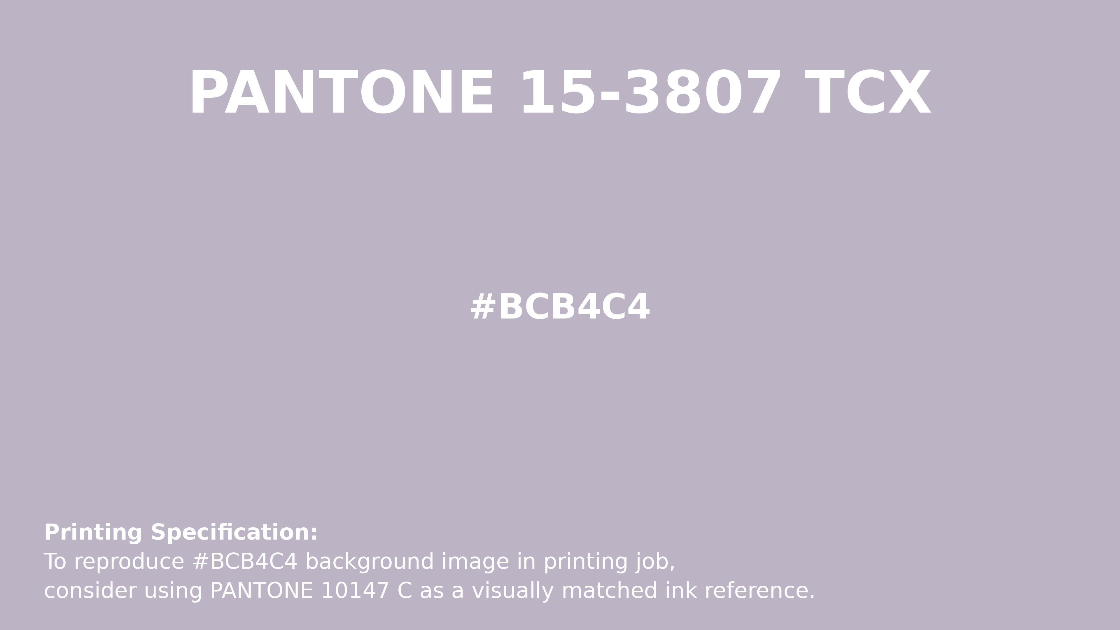 Professional Pantone color reference guide for Pantone 15-3807 Tcx Misty Lilac Color | Hex color Code #bcb4c4. Perfect for printing specifications and color matching in production. #pantone #colormatching #printing #bcb4c4
