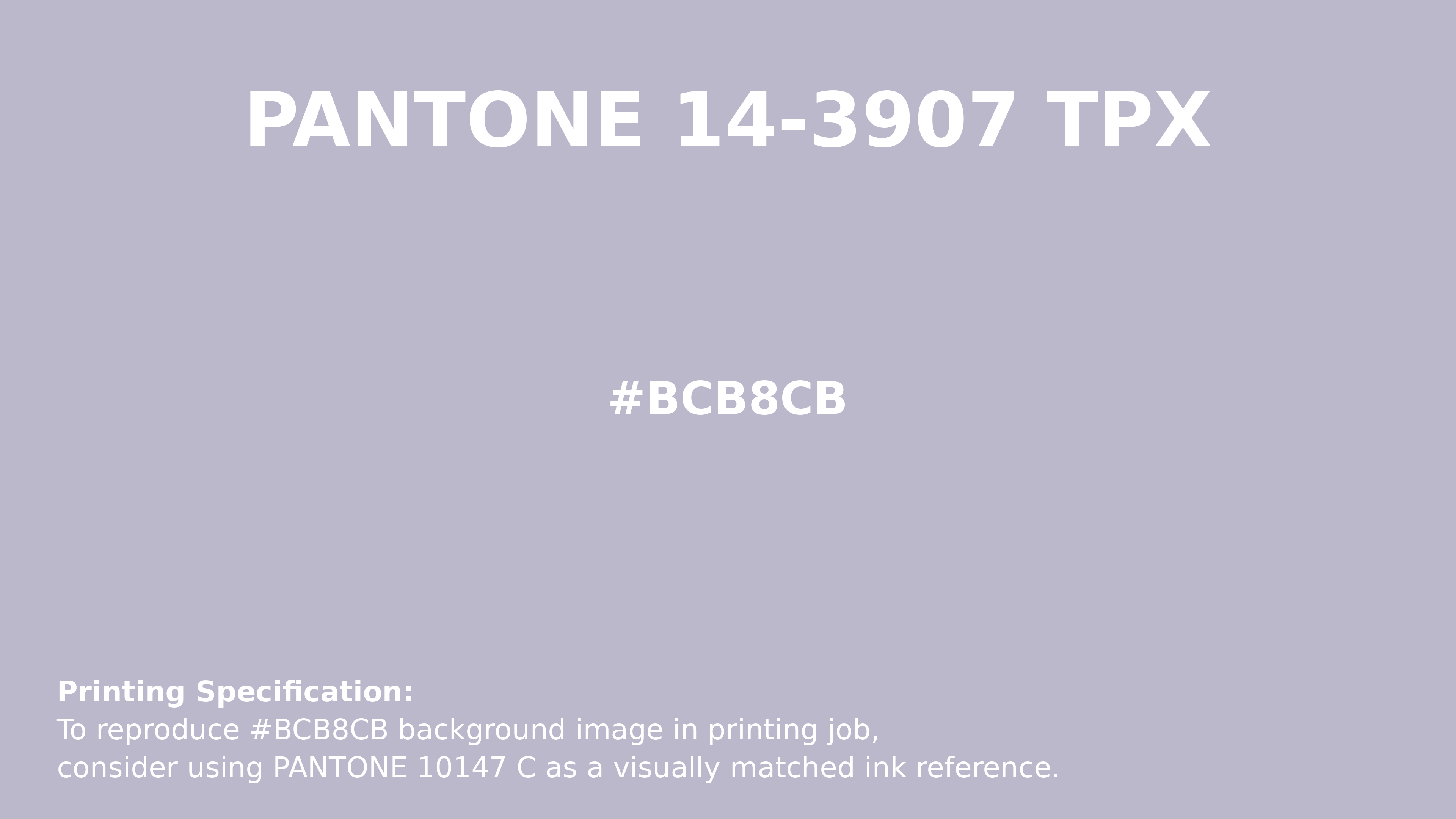 Professional Pantone color reference guide for Pantone 14-3907 Tpx Thistle Color | Hex color Code #bcb8cb. Perfect for printing specifications and color matching in production. #pantone #colormatching #printing #bcb8cb
