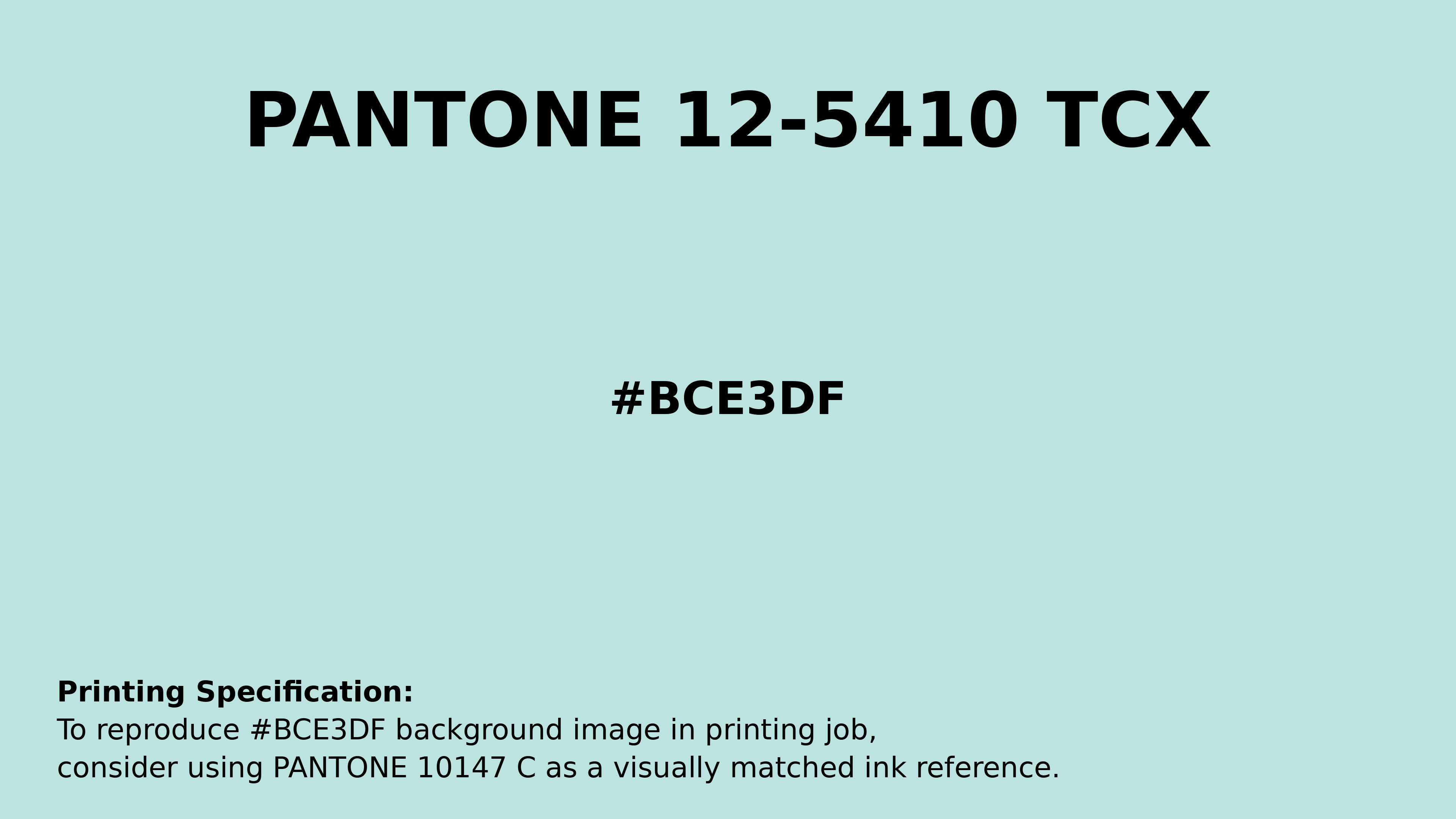 Professional Pantone color reference guide for Pantone 12-5410 Tcx Bleached Aqua Color | Hex color Code #bce3df. Perfect for printing specifications and color matching in production. #pantone #colormatching #printing #bce3df