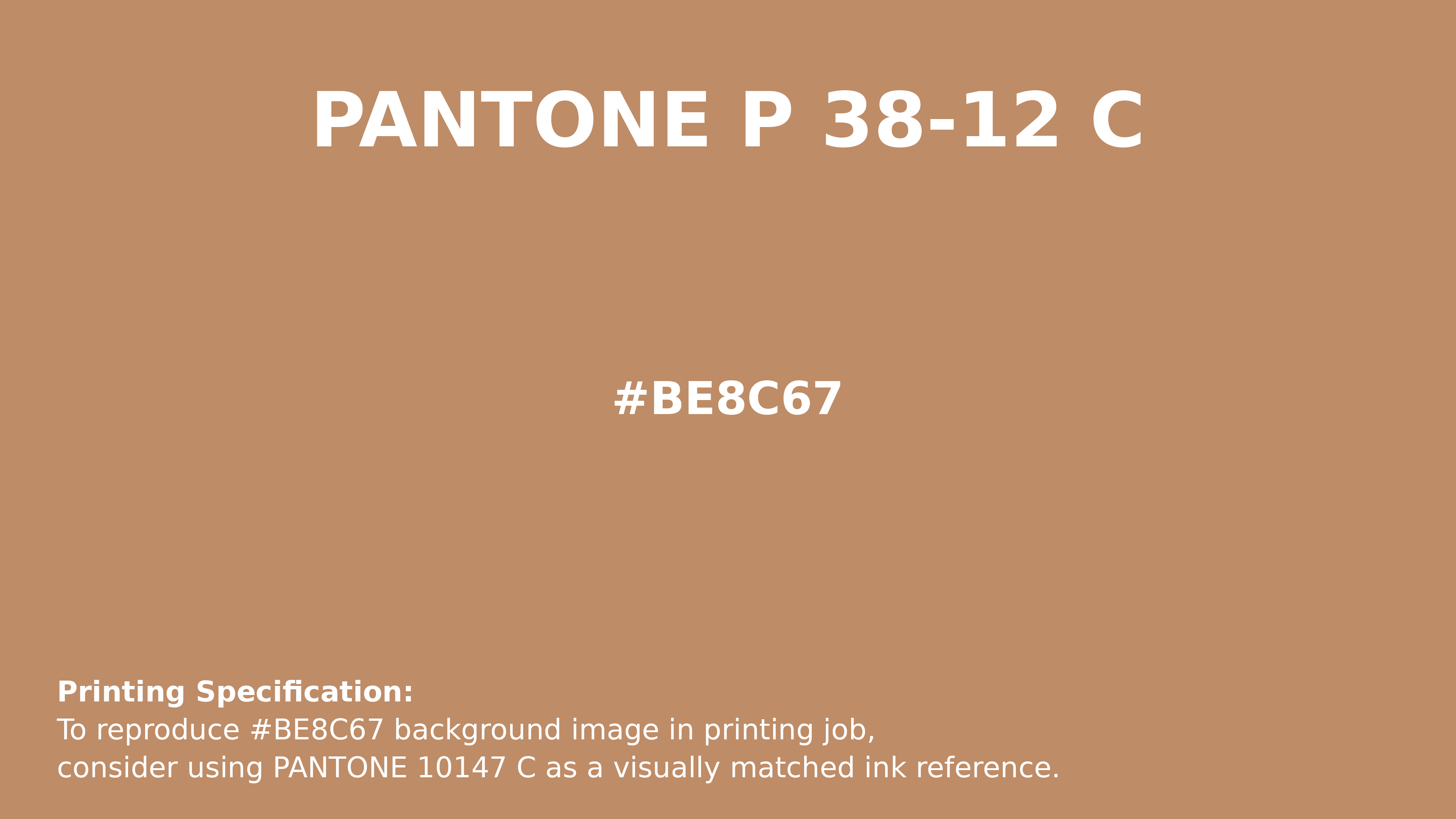 Professional Pantone color reference guide for Pantone P 38-12 C Color | Hex color Code #be8c67. Perfect for printing specifications and color matching in production. #pantone #colormatching #printing #be8c67