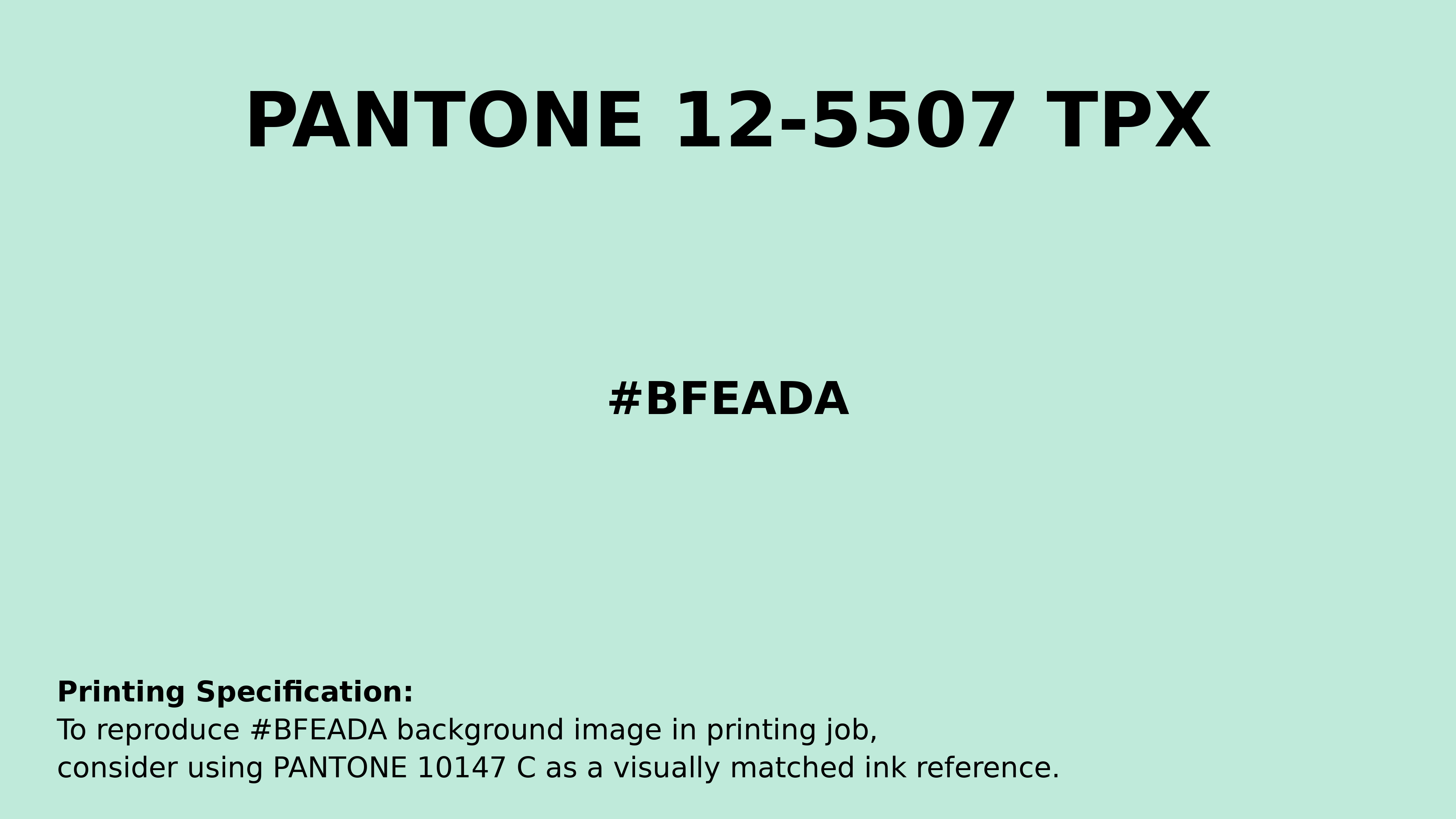 Professional Pantone color reference guide for Pantone 12-5507 Tpx Bay Color | Hex color Code #bfeada. Perfect for printing specifications and color matching in production. #pantone #colormatching #printing #bfeada