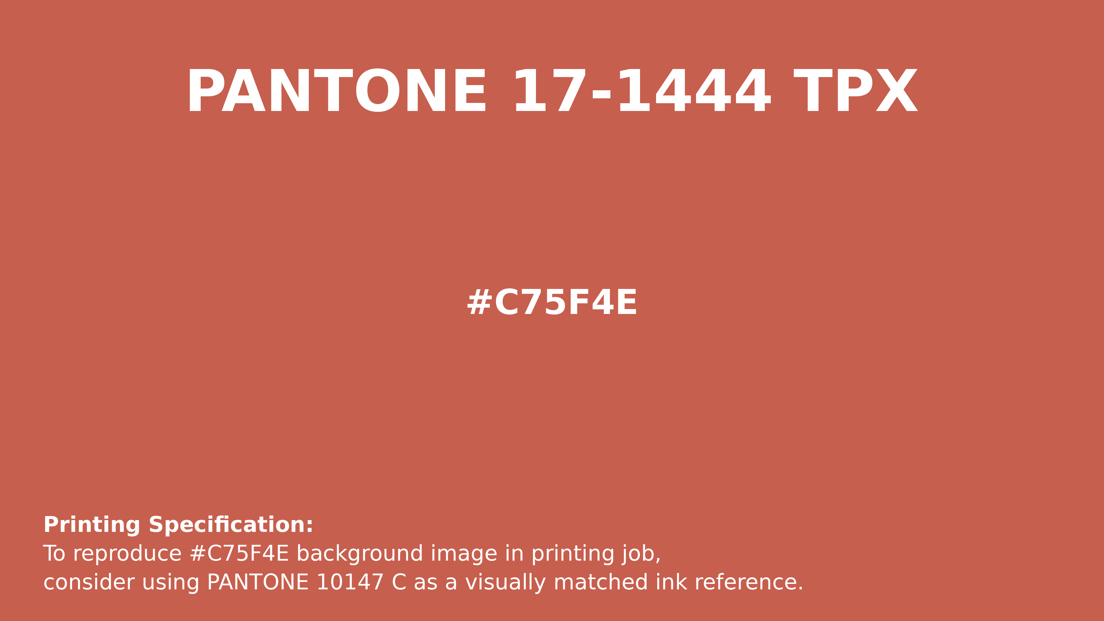 Professional Pantone color reference guide for Pantone 17-1444 Tpx Ginger Color | Hex color Code #c75f4e. Perfect for printing specifications and color matching in production. #pantone #colormatching #printing #c75f4e