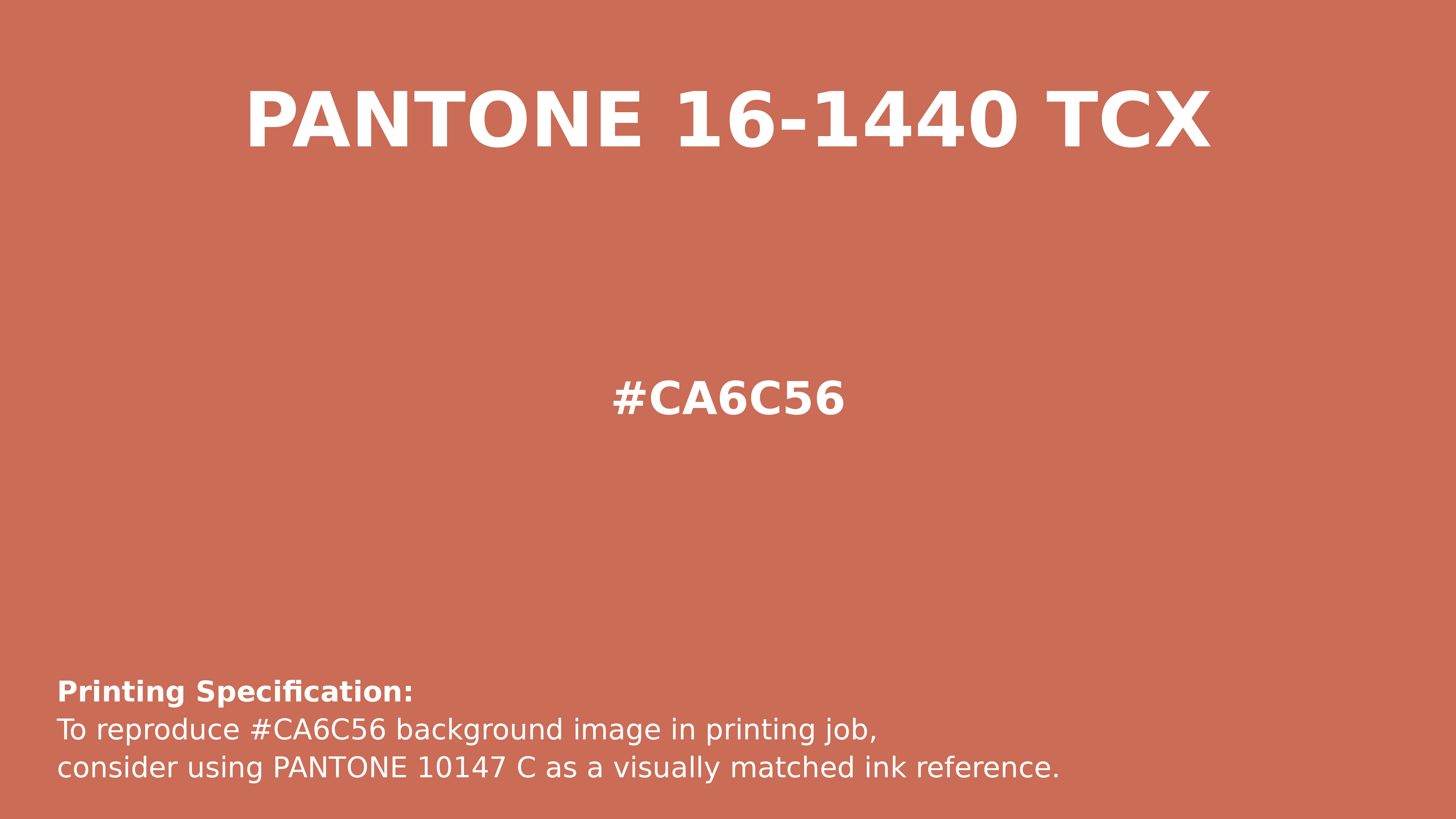 Professional Pantone color reference guide for Pantone 16-1440 Tcx Langoustino Color | Hex color Code #ca6c56. Perfect for printing specifications and color matching in production. #pantone #colormatching #printing #ca6c56