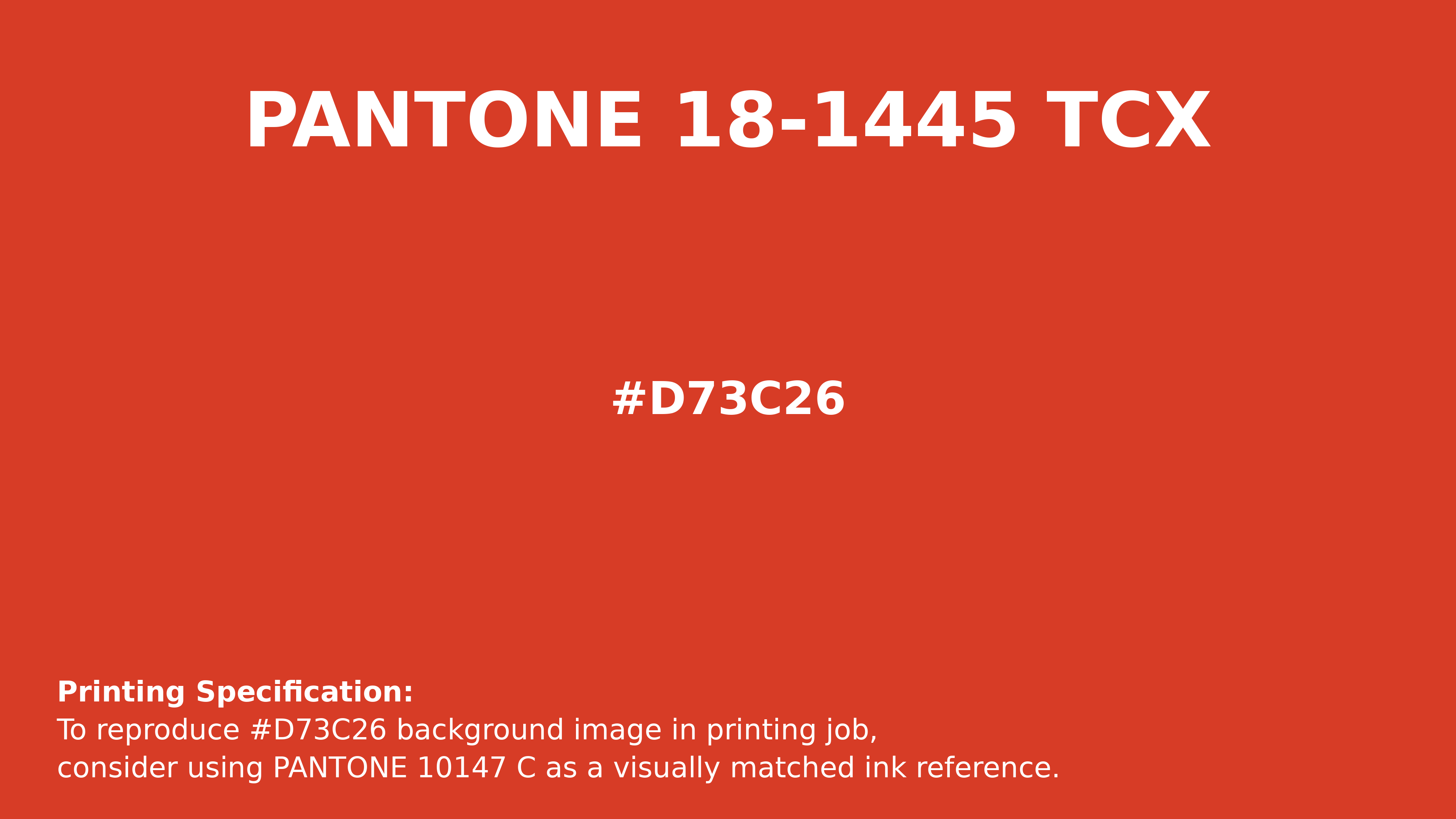 Professional Pantone color reference guide for Pantone 18-1445 Tcx Spicy Orange Color | Hex color Code #d73c26. Perfect for printing specifications and color matching in production. #pantone #colormatching #printing #d73c26