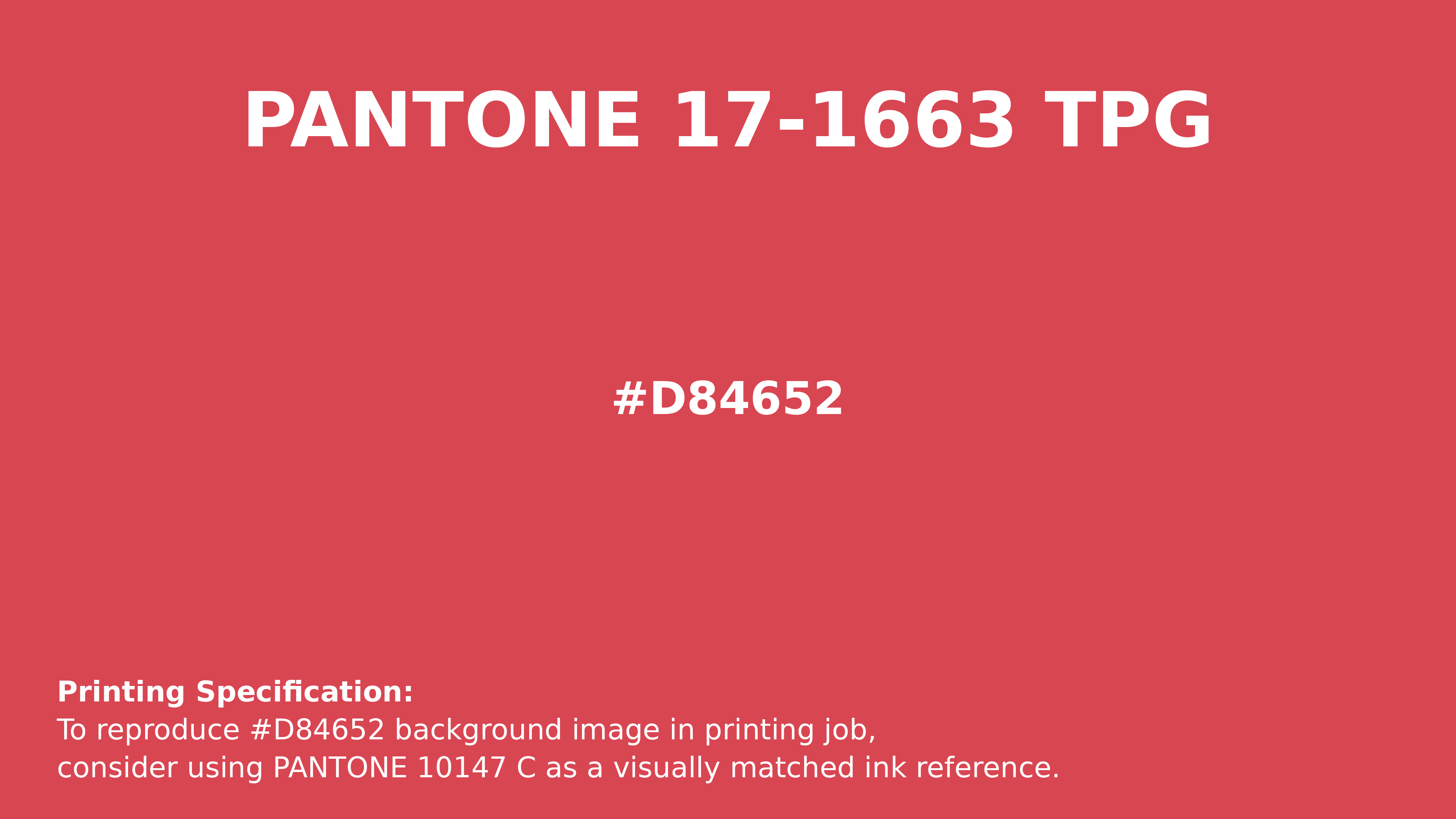 Professional Pantone color reference guide for Pantone 17-1663 Tpg Bittersweet Color | Hex color Code #d84652. Perfect for printing specifications and color matching in production. #pantone #colormatching #printing #d84652