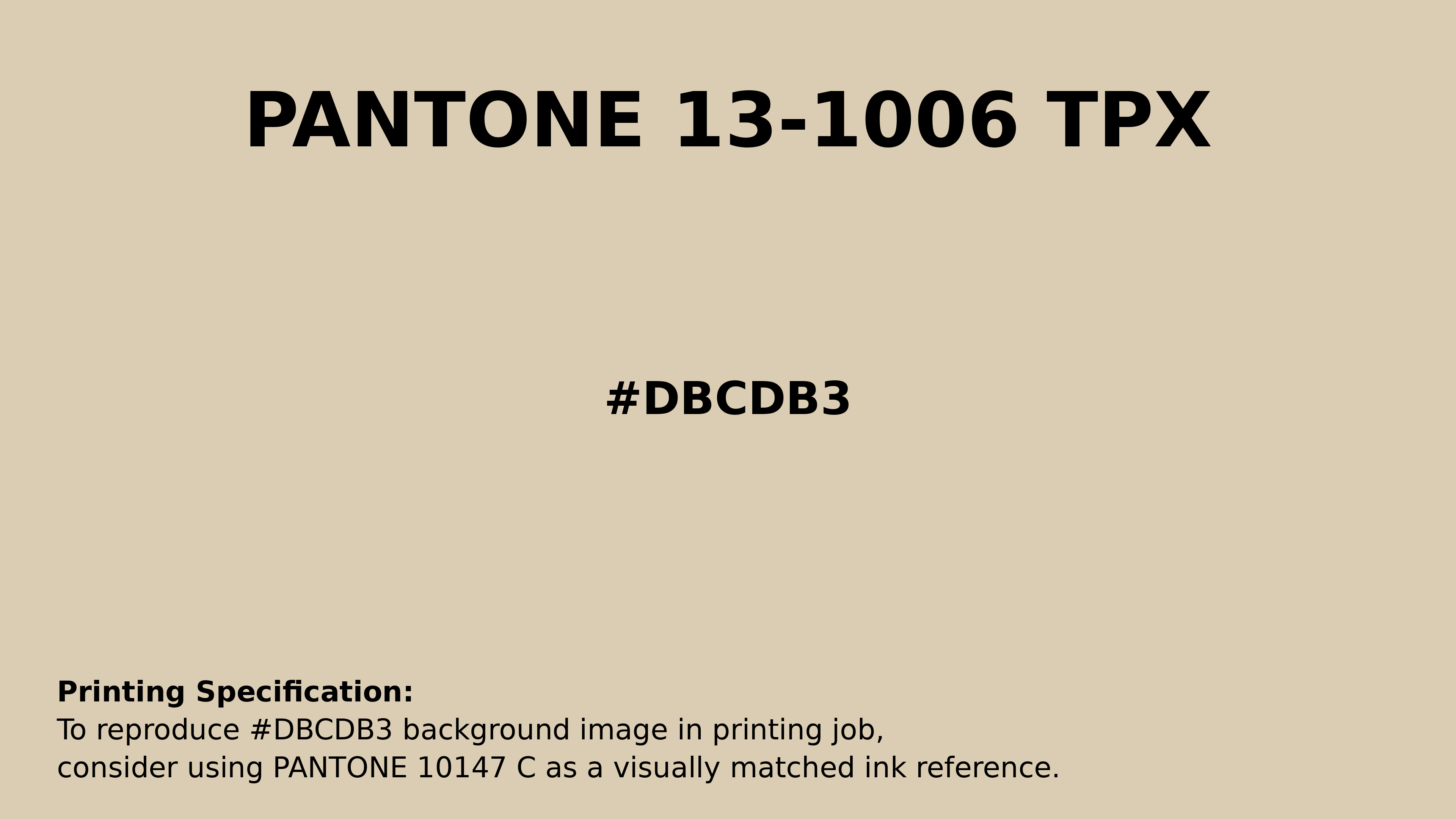 Professional Pantone color reference guide for Pantone 13-1006 Tpx Crème Brûlée Color | Hex color Code #dbcdb3. Perfect for printing specifications and color matching in production. #pantone #colormatching #printing #dbcdb3