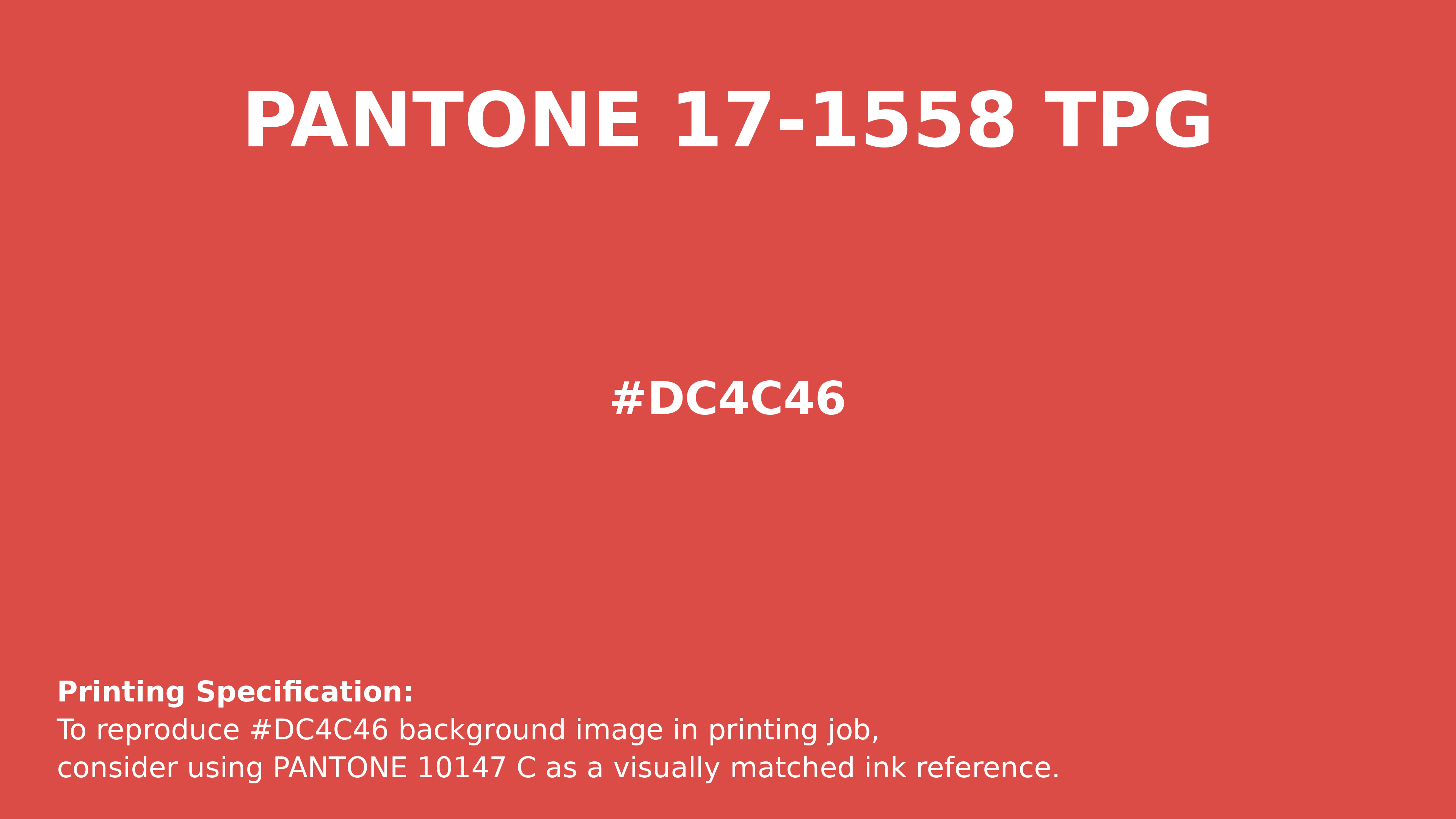 Professional Pantone color reference guide for Pantone 17-1558 Tpg Grenadine Color | Hex color Code #dc4c46. Perfect for printing specifications and color matching in production. #pantone #colormatching #printing #dc4c46