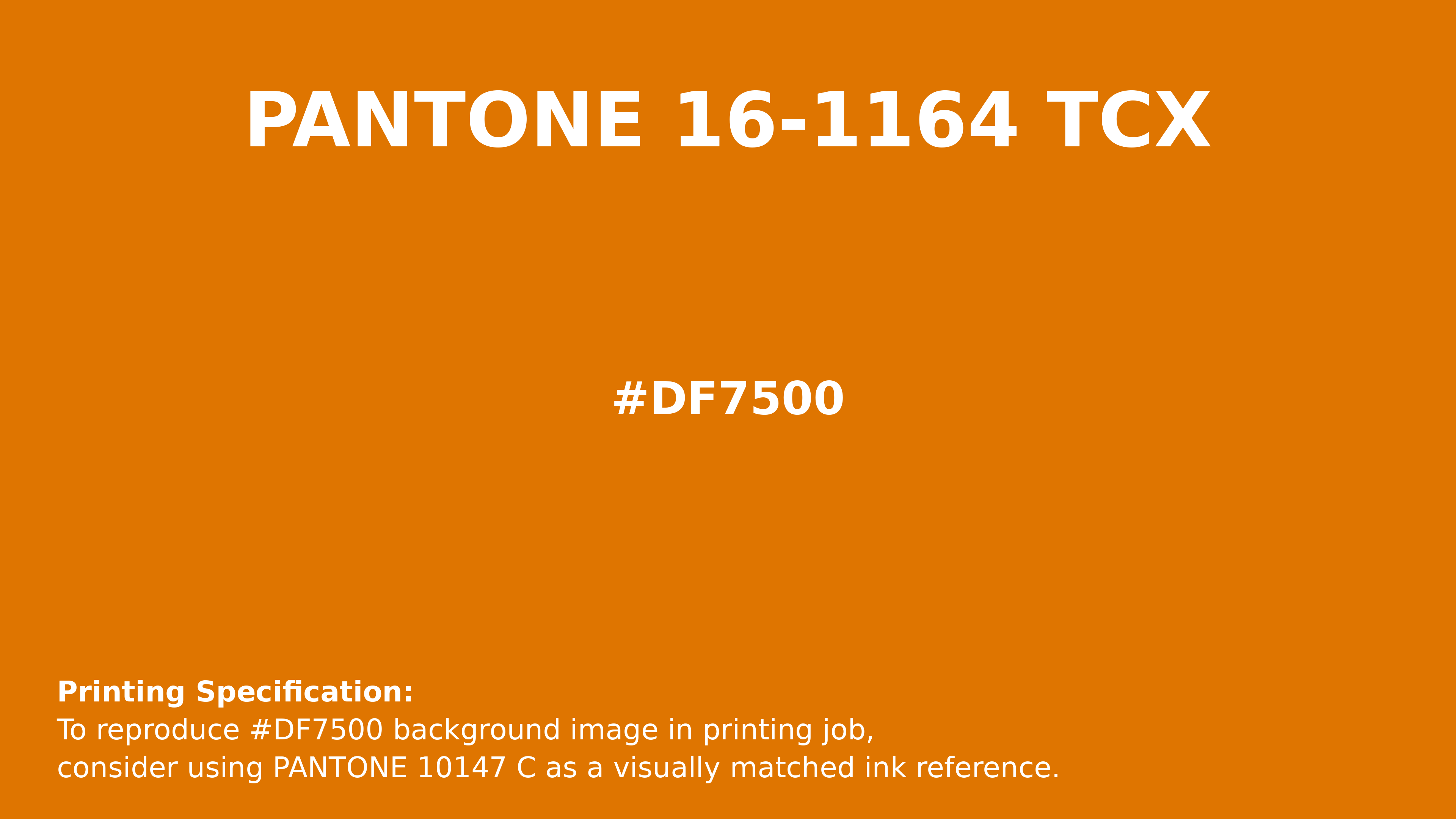 Professional Pantone color reference guide for Pantone 16-1164 Tcx Orange Pepper Color | Hex color Code #df7500. Perfect for printing specifications and color matching in production. #pantone #colormatching #printing #df7500
