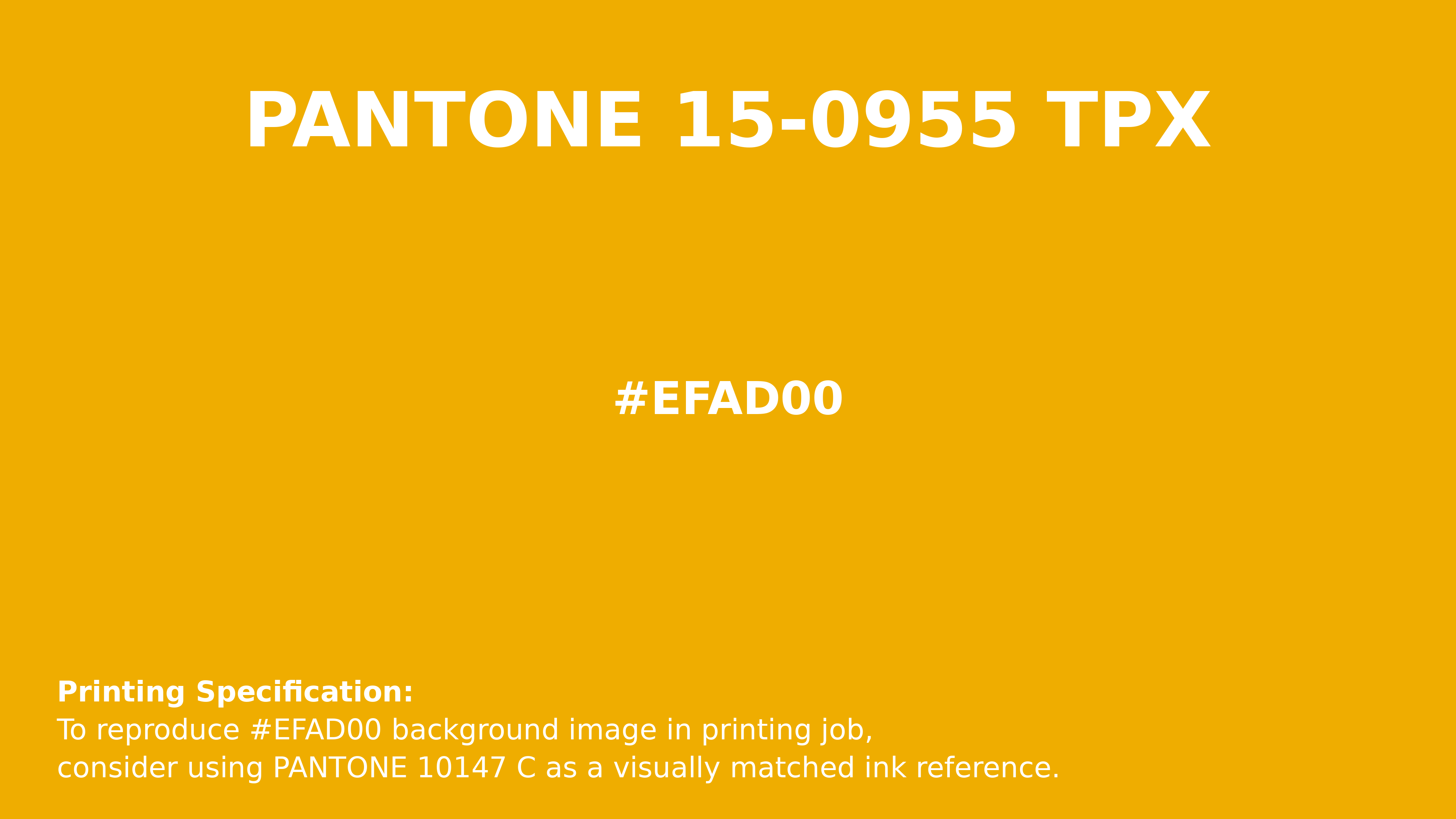 Professional Pantone color reference guide for Pantone 15-0955 Tpx Old Gold Color | Hex color Code #efad00. Perfect for printing specifications and color matching in production. #pantone #colormatching #printing #efad00