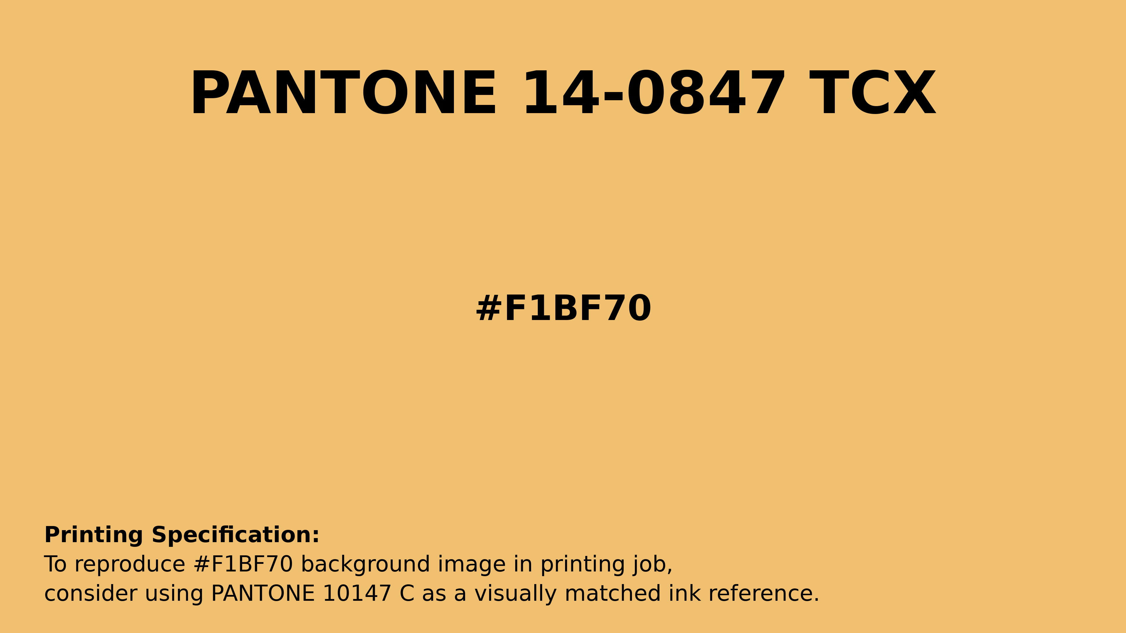 Professional Pantone color reference guide for Pantone 14-0847 Tcx Buff Yellow Color | Hex color Code #f1bf70. Perfect for printing specifications and color matching in production. #pantone #colormatching #printing #f1bf70