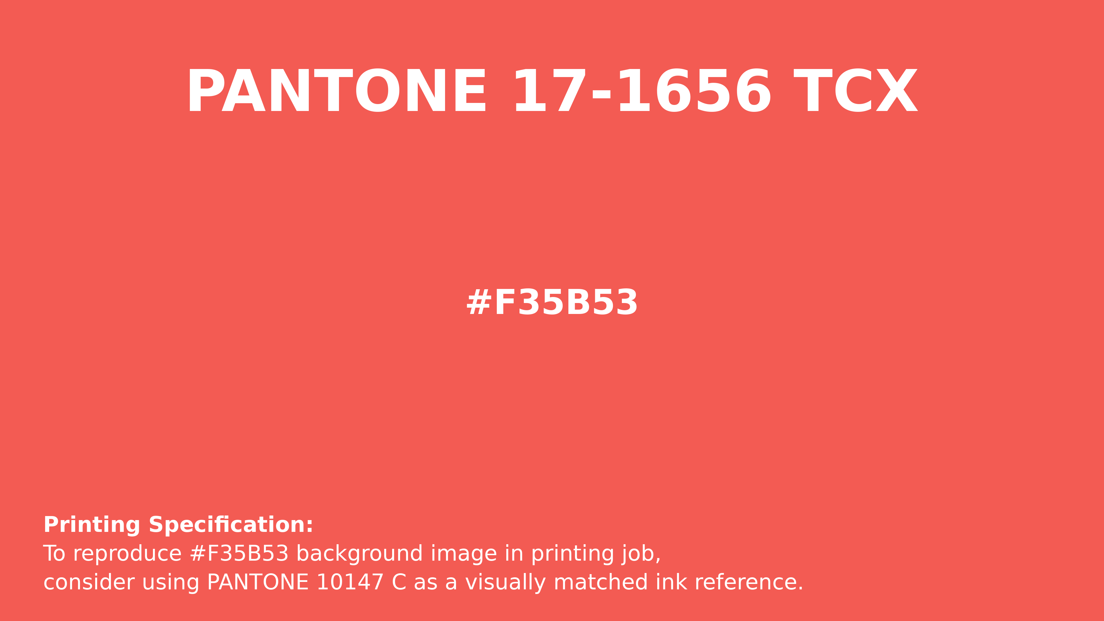 Professional Pantone color reference guide for Pantone 17-1656 Tcx Hot Coral Color | Hex color Code #f35b53. Perfect for printing specifications and color matching in production. #pantone #colormatching #printing #f35b53